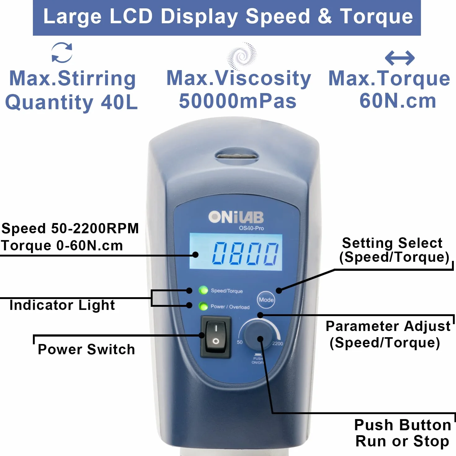 ONiLAB Agitatore digitale LCD con testiera, capacità massima di miscelazione 40 l max. 2200 Rpm, bianco, lega di alluminio (supporto incluso)