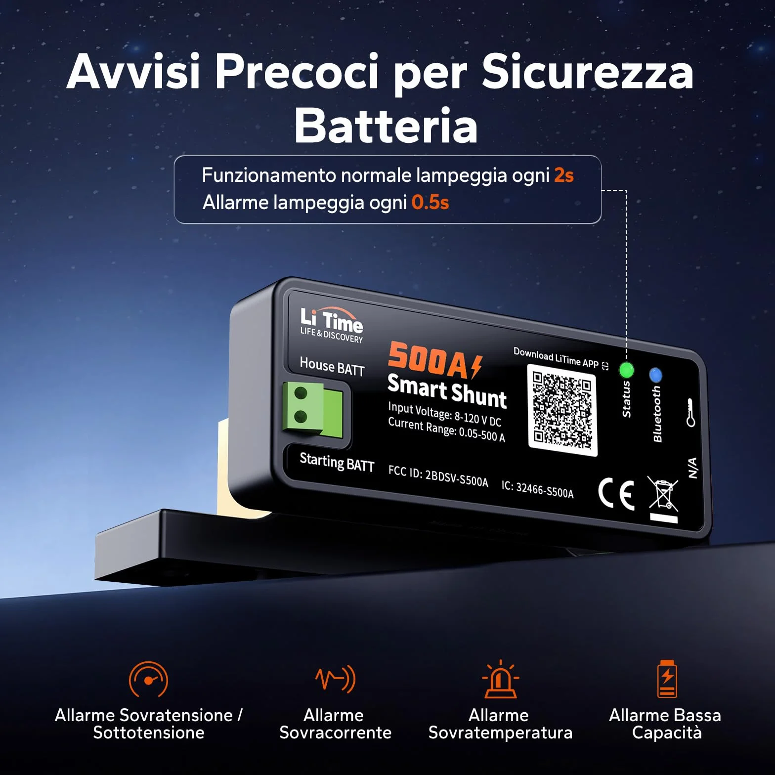 LiTime Smart Shunt 500A, Monitor Batteria Bluetooth 8V-120V con SOC, Allarmi e Cronologia tramite App per Batterie Litio/LiFePO4, AGM, GEL, per Camper, Barca e Accumulo Domestico