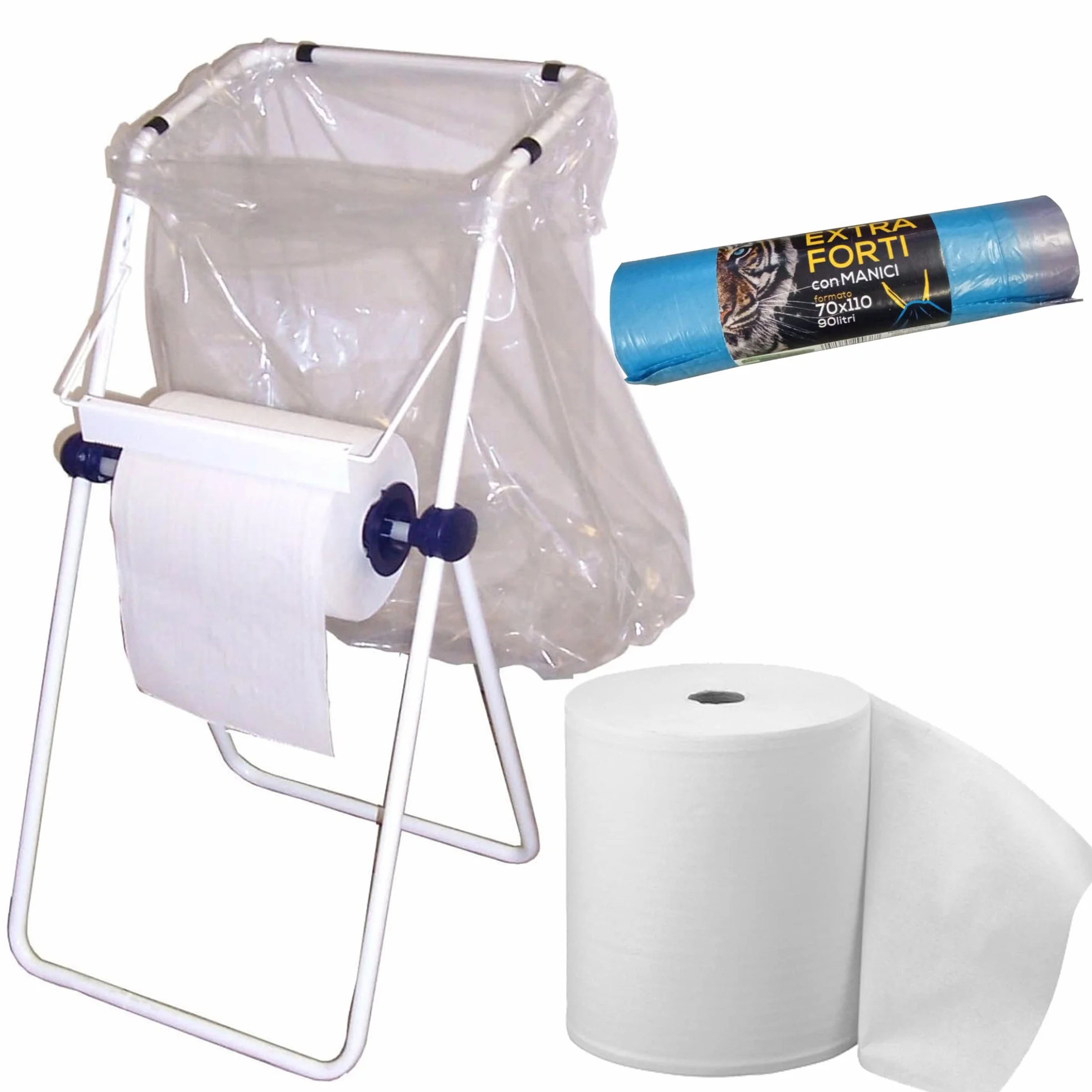 Tecnokit dispenser bobina carta da pavimento acciaio verniciato bianco 45x46x95h con portasacco rotolo e sacchi omaggio