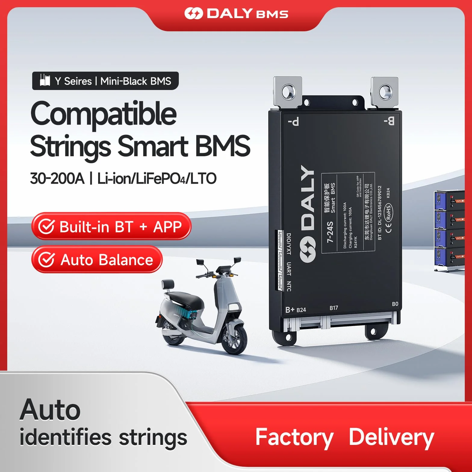 DALY BMS 60A 7S-17S 24V-60V - Monitoraggio Bluetooth integrato intelligente Protezione della batteria al litio LiFePO4 Li-ion LTO per e-bike e scooter