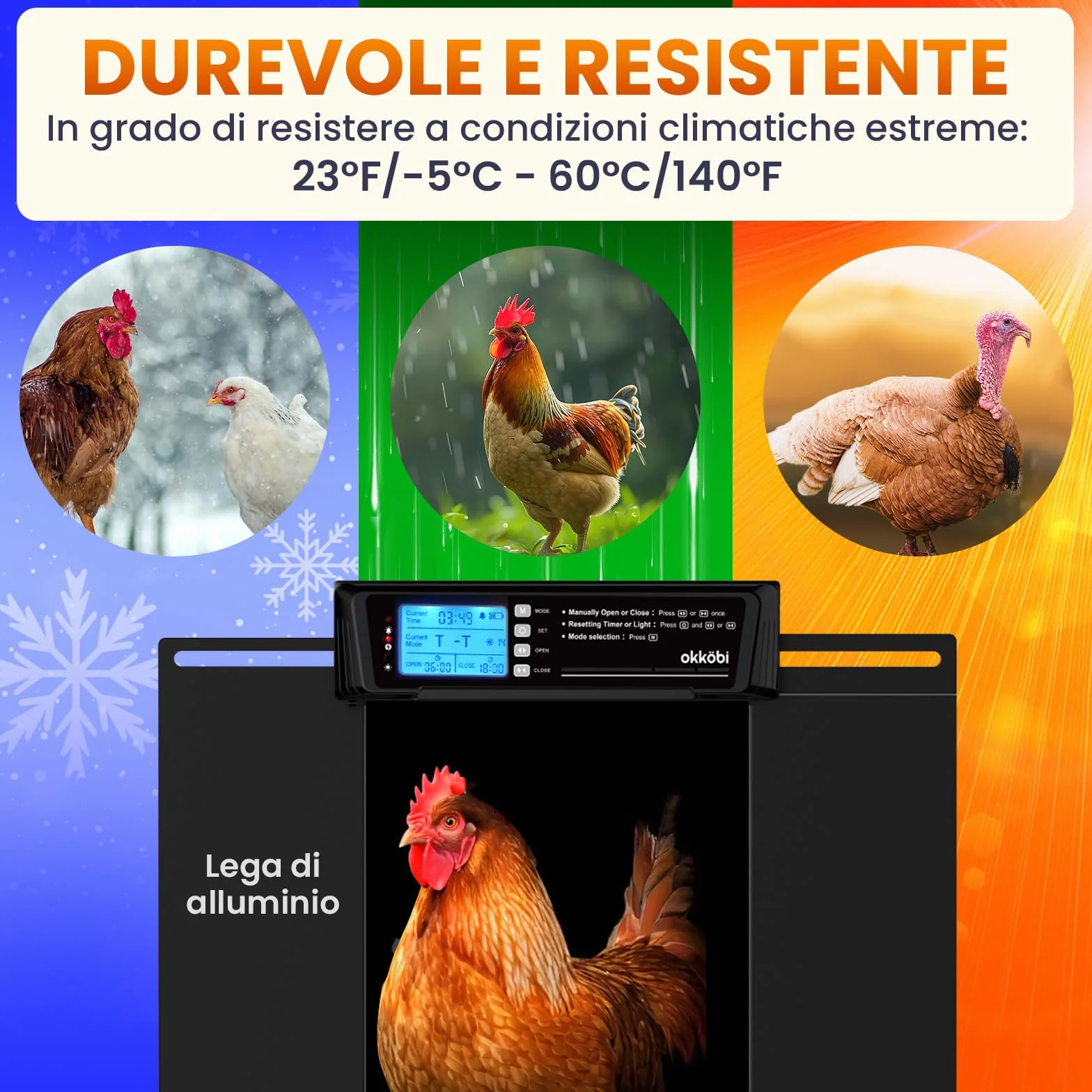 Porta Automatica Pollaio Extra Large Solare – Display LCD, Telecomando, Sensore di Luce, Timer & Funzione Antipizzicamento – Apertura 28,7 x 22,1 cm – Protezione 5 Anni – Nero - Okköbi