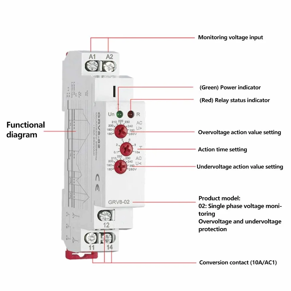 Relè di monitoraggio tensione, GRV8-02 Relè di controllo tensione monofase per apparecchiature elettriche o compressori, controllo(GRV8-02/AD240)