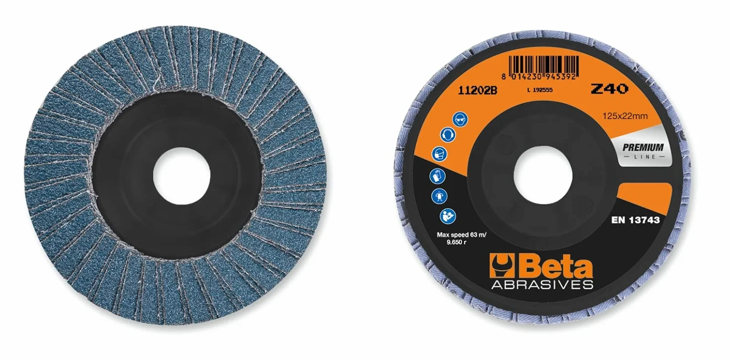 BETA 11202B - Dischi lamellari abrasivi per smiragliatrice con Tela abrasiva allo zirconio con Lamella Doppia e Supporto in plastica, 10 unità, Diametro 125 mm, Spessore 40 mm e Foro da 22,23 mm