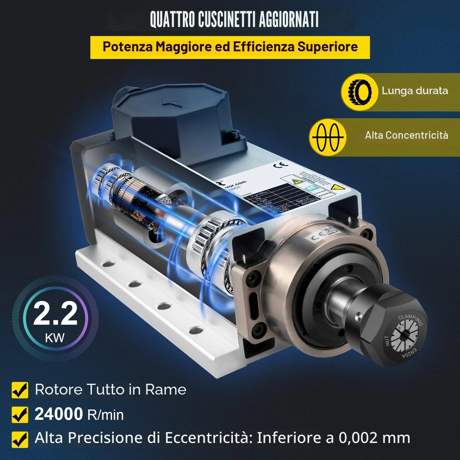 VEVOR Motore Mandrino Raffreddato ad Aria 2.2KW ER20 CNC con Kit VFD Inverter