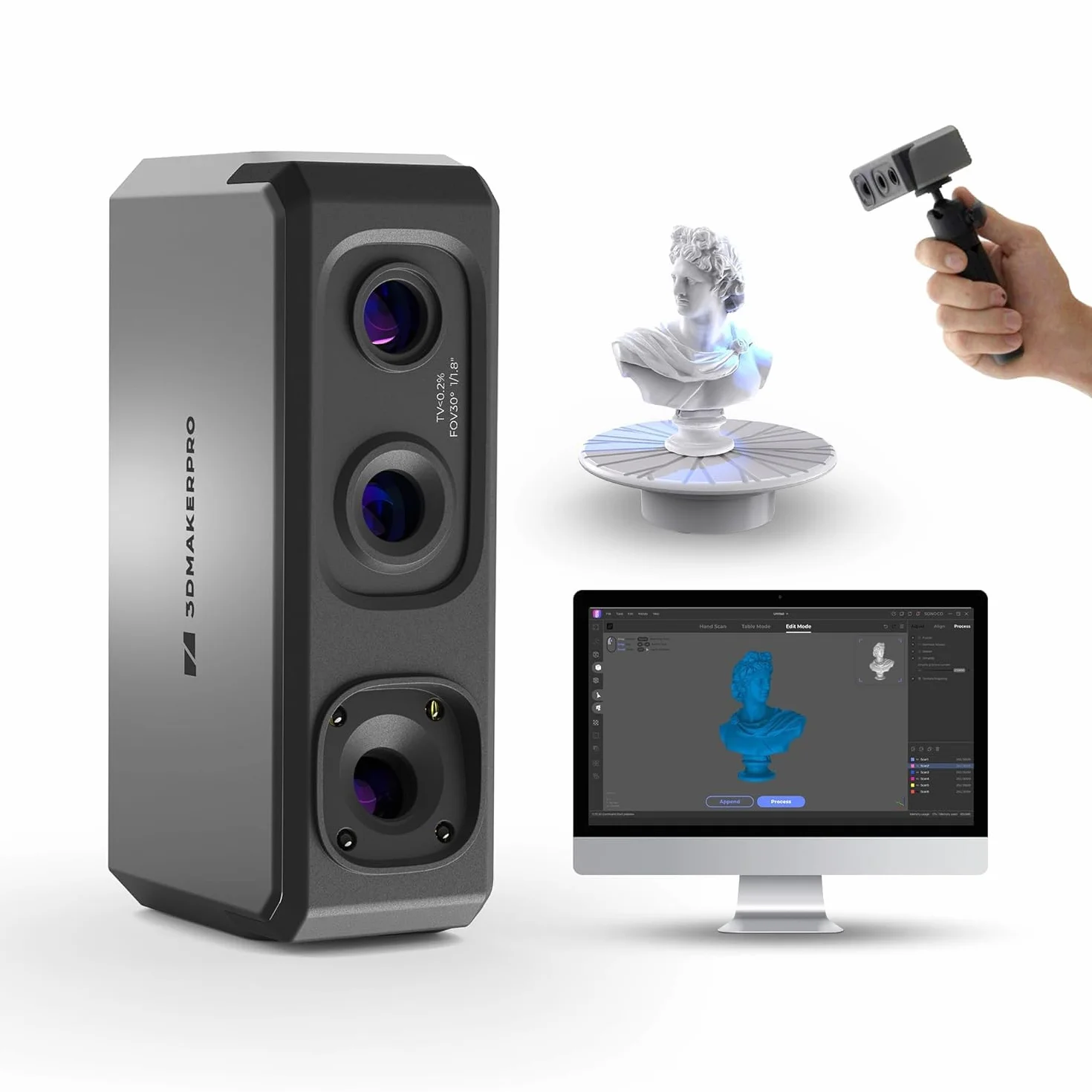 Scanner 3D portatile per stampanti 3D, velocità di scansione rapida a 10 FPS con lente anti-shake e precisione di 0,02 mm su Windows/MacOS, 3DMakerpro Seal Lite [Kit Premium]