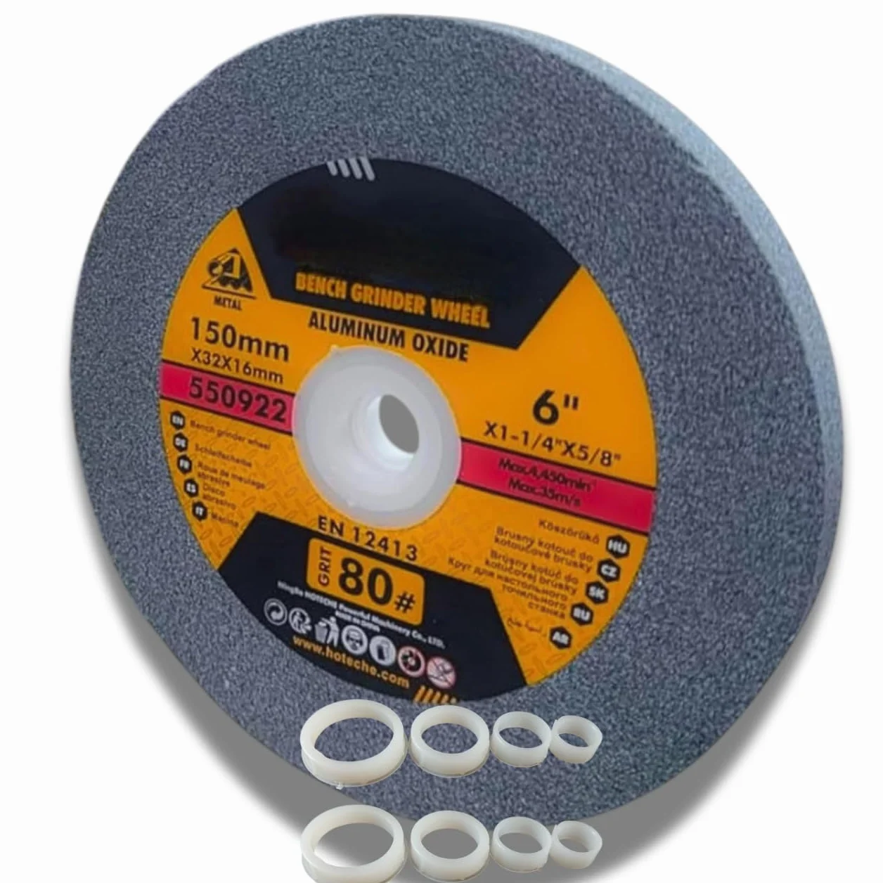 Disco Mola Abrasiva per Smerigliatrice da Banco 150x16 mm Grana 80 Set Professionale 4 Anelli di Riduzione 32-12.7mm