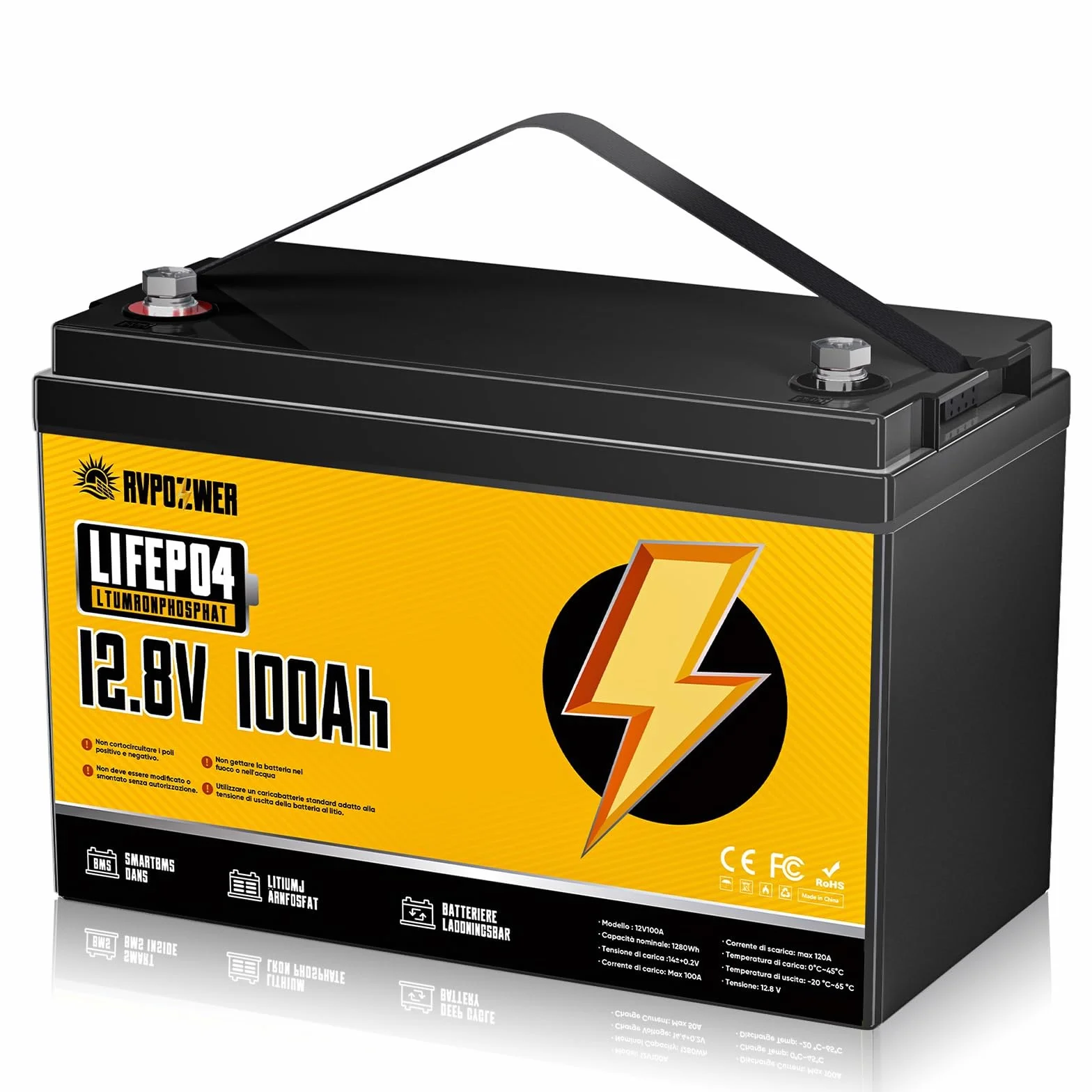 Batteria Litio 12V 100Ah, 1280Wh LiFePO4 Batterie, con BMS Integrato da 100A, 18000 Cicli a Scarica Profonda, Protezione Contro le Basse Temperature, per Off-Grid, Camper e Imbarcazioni