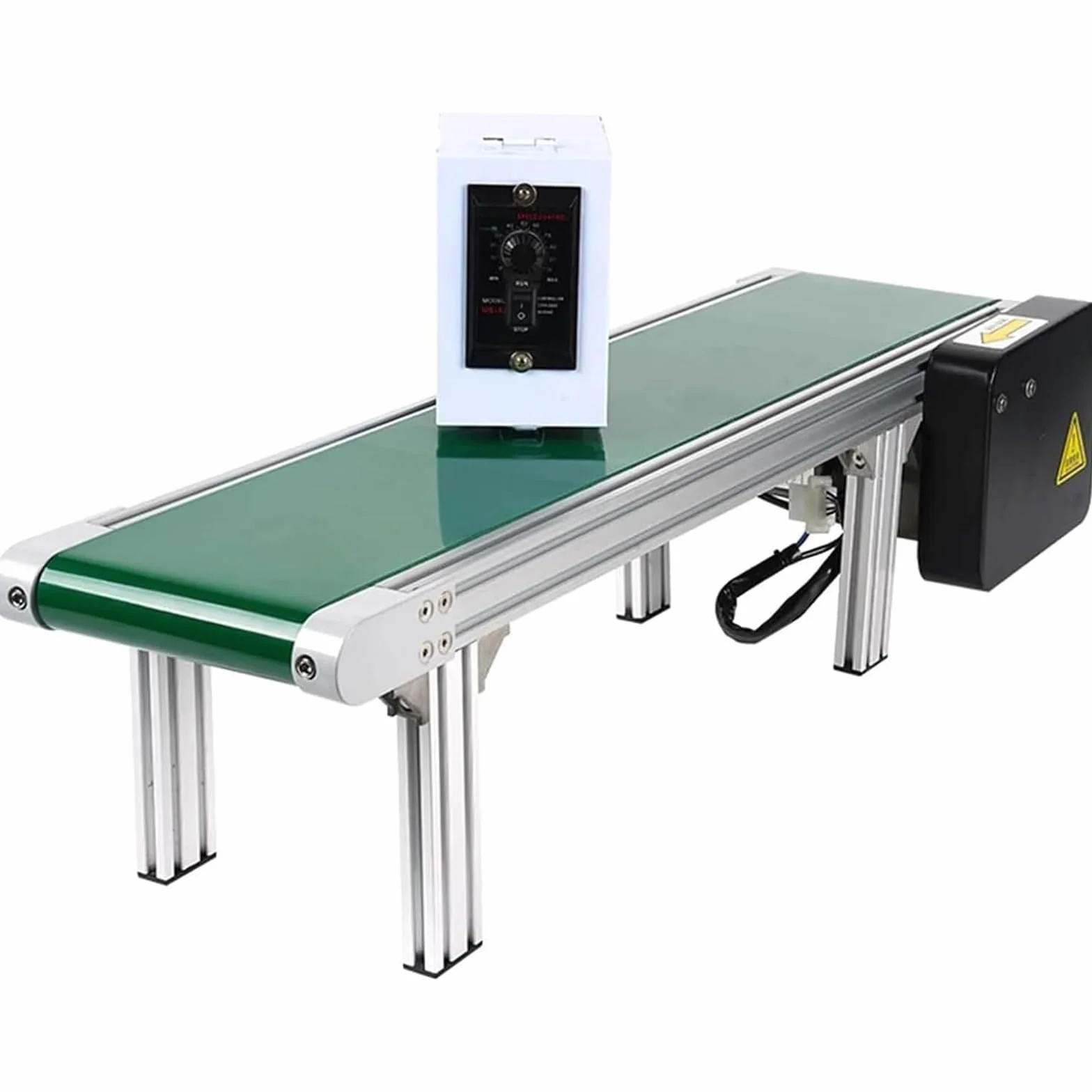 Nastro trasportatore 200 x 1000 mm, velocità regolabile in PVC per trasformazione alimentare e imballaggio di prodotti, costruzione in lega di alluminio