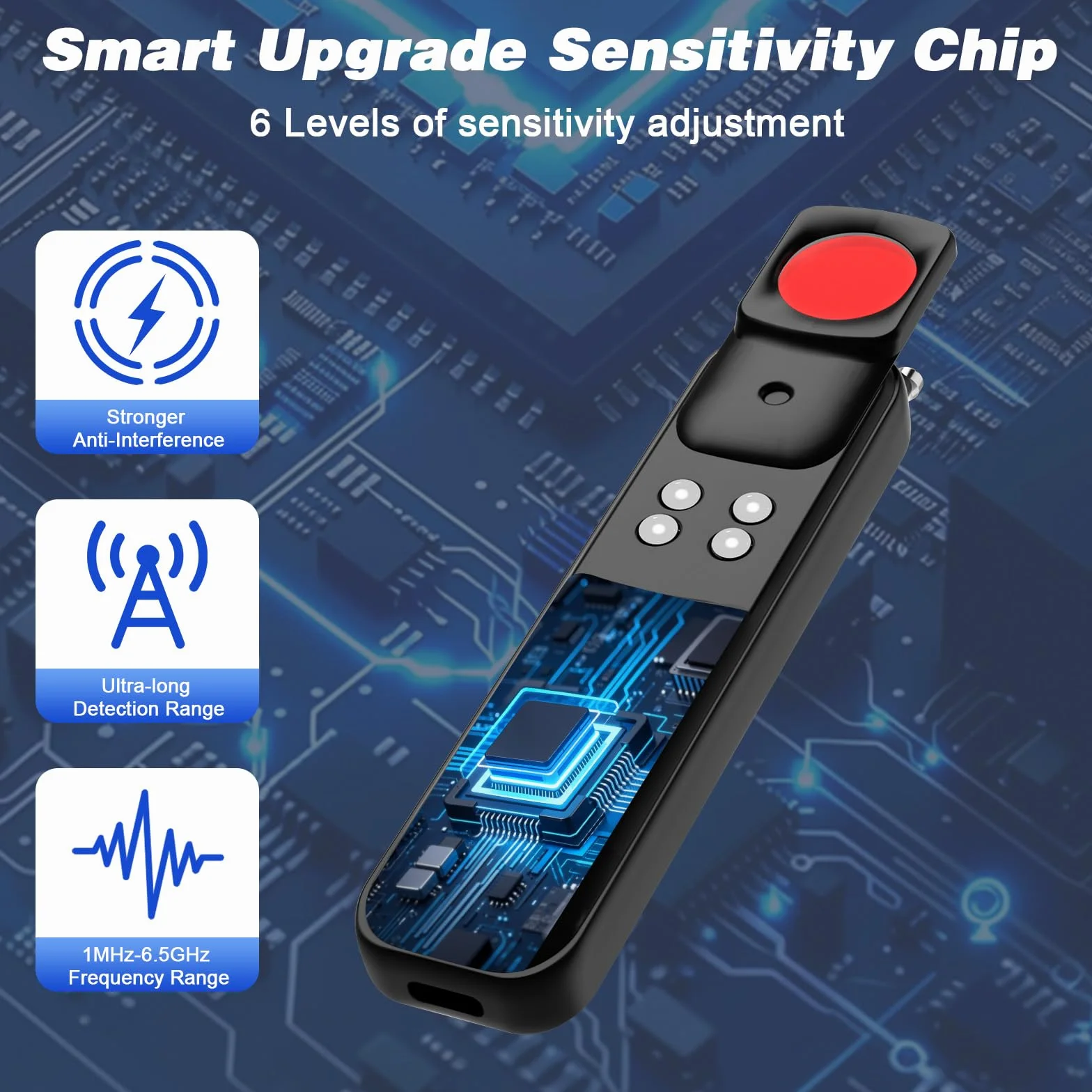 Rilevatore Microspie, Detector Telecamere Nascoste, Rilevatore di Cimici e microspie con 4 Livelli di Sensibilità per Casa, Hotel, Viaggi