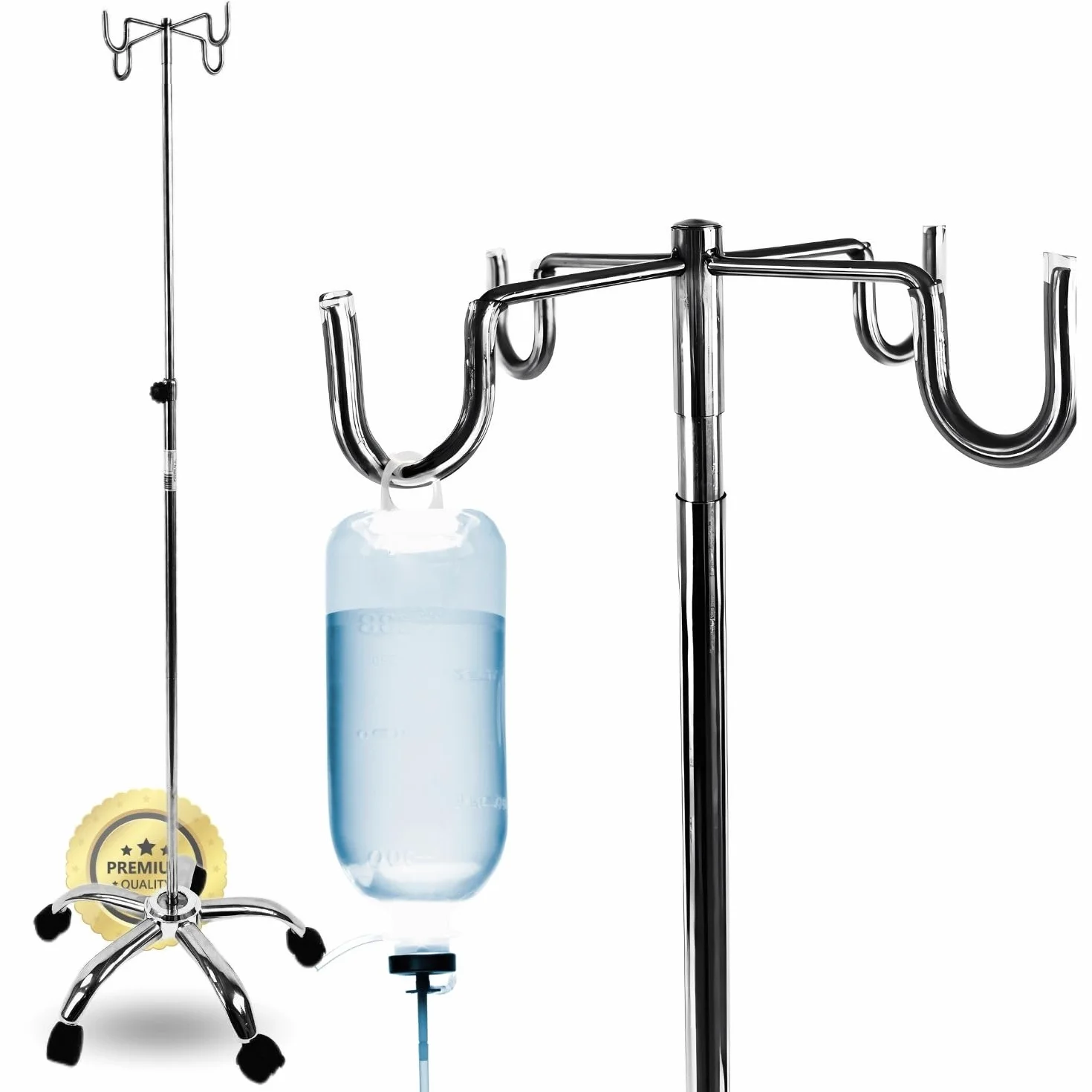 OrtoPrime Porta flebo regolabile in acciaio inox – Supporto per flebo con 4 ganci – Porta siero con ruote silenziose – Supporto flebo tripode portatile professionale per uso ospedaliero e domestico
