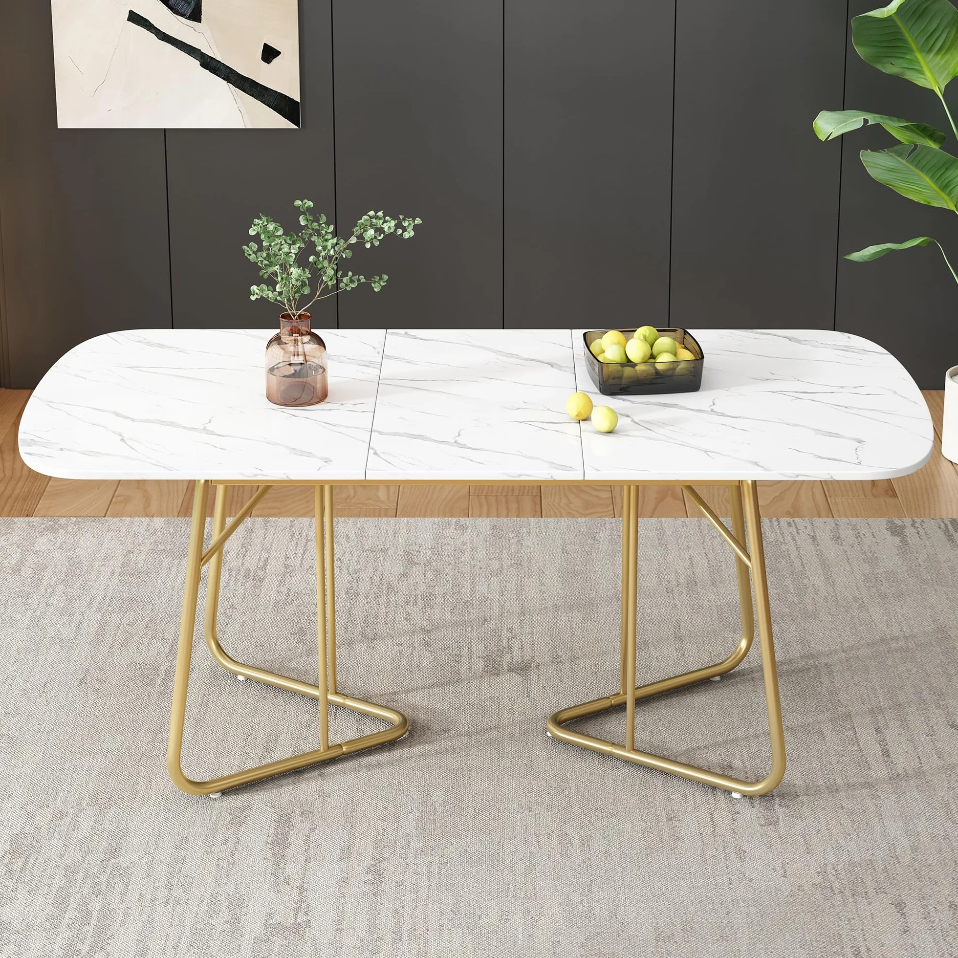 Merax Tavolo da pranzo allungabile, tavolo da pranzo allungabile ovale con struttura in marmo, 140/180 x 80 cm, 4-6 persone, marmo+oro