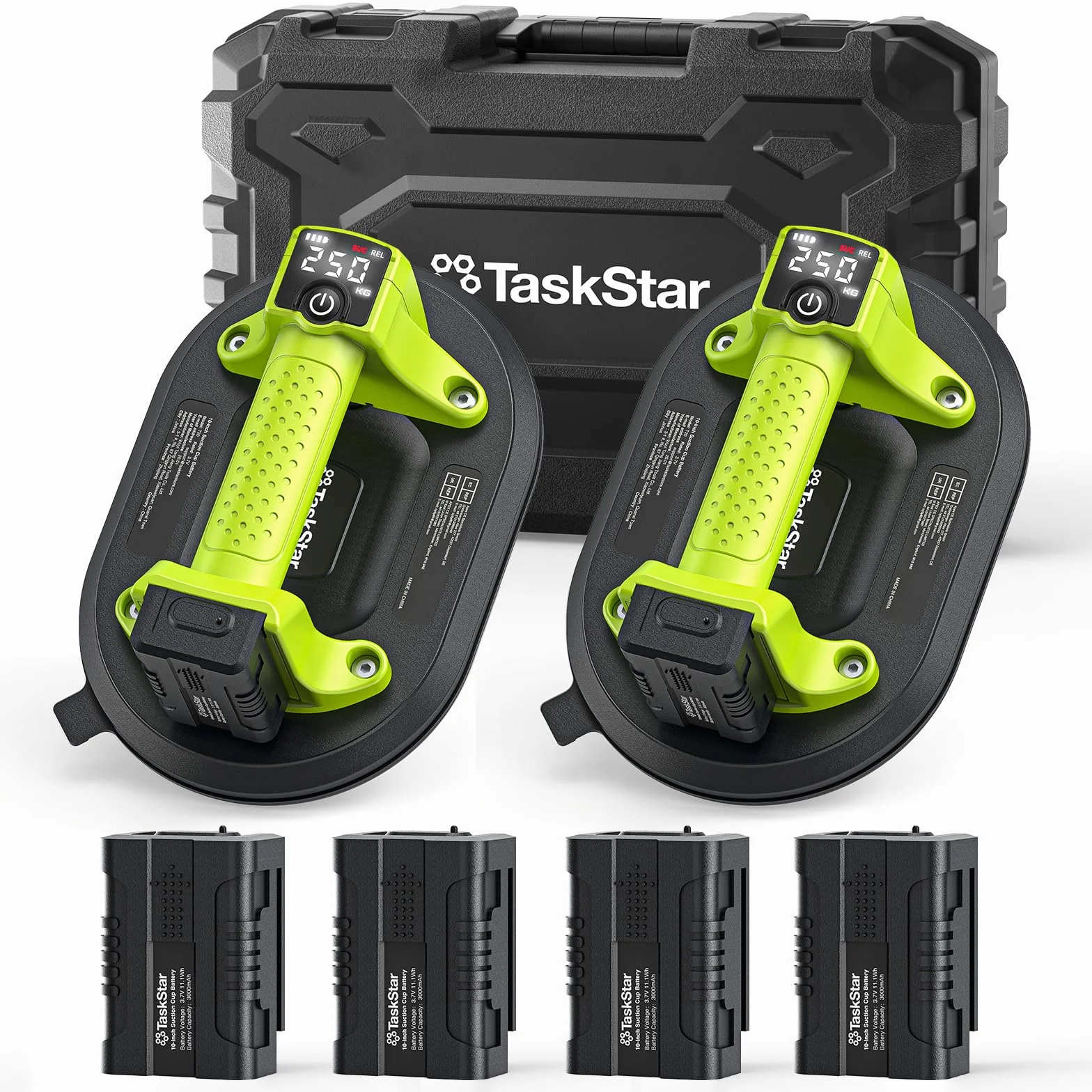 Taskstar Ventosa Elettrica: Ventosa a Batteria da 25cm per Piastrelle con 4x Batteria da 3000mAh - Carico verticale 250 kg - Display LCD, Sollevatore a Vuoto Senza Fili per Piastrelle (Verde)