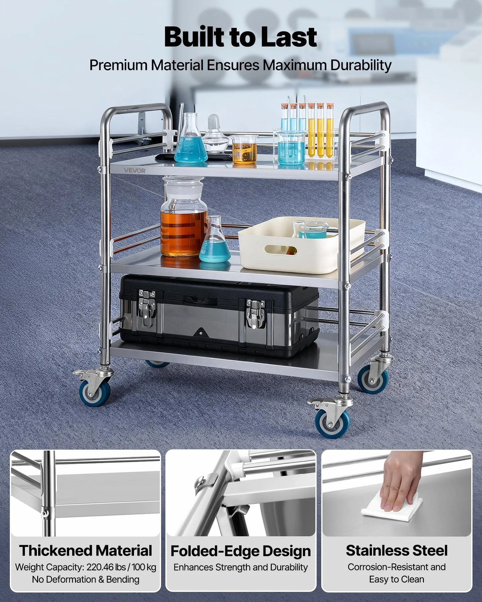 VEVOR Carrello da Laboratorio in Acciaio Inox a 3 Livelli con Ruote Bloccabili, Carrello per Servizio Medico, Vassoio per Clinica, Vassoio di Stoccaggio Mobile per Impieghi Gravosi per Ospedale