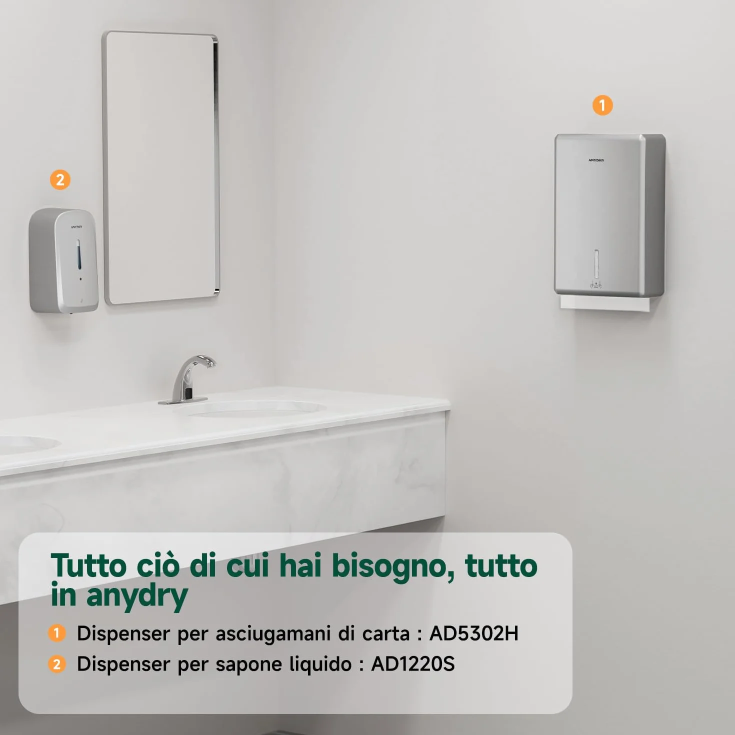 anydry Dispenser Asciugamani di Carta a Parete, Piega H3/V/ZZ, 25,2 x 11,5 cm, Modello 5302H, Argento