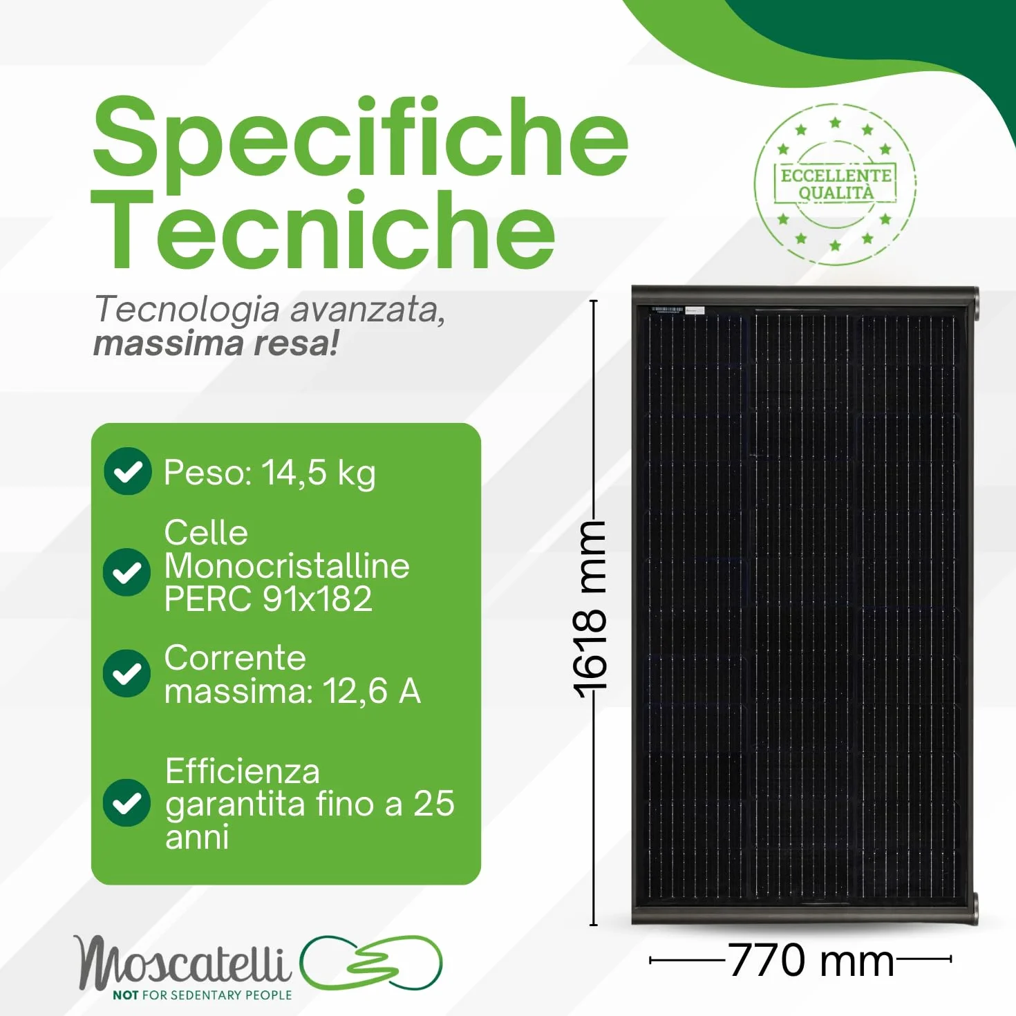 MOSCATELLI Pannello Solare Camper 240W Black Boost Monocristallino PERC Kit Pannello Solare per Camper con Profilo integrato in Alluminio Nero per fissaggio al tetto - SENZA REGOLATORE