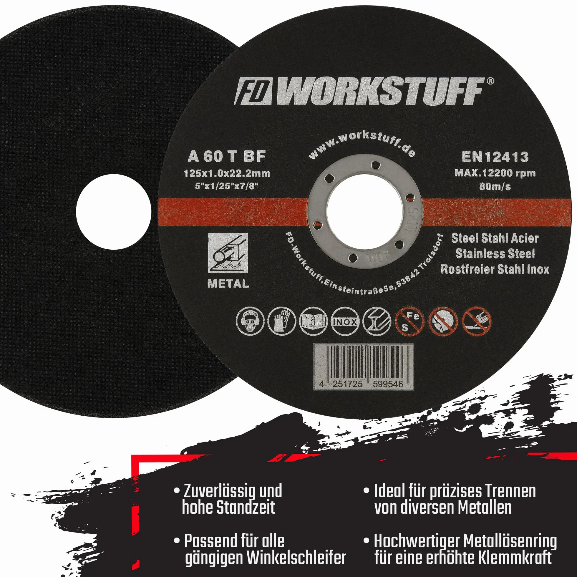 FD-Workstuff Dischi da Taglio Professionali | 100 pezzi | Ø 125 mm, 1 mm di spessore | per smerigliatrici flessibili, da taglio e angolari | Inox | Fette Circolari | Lami per Segi