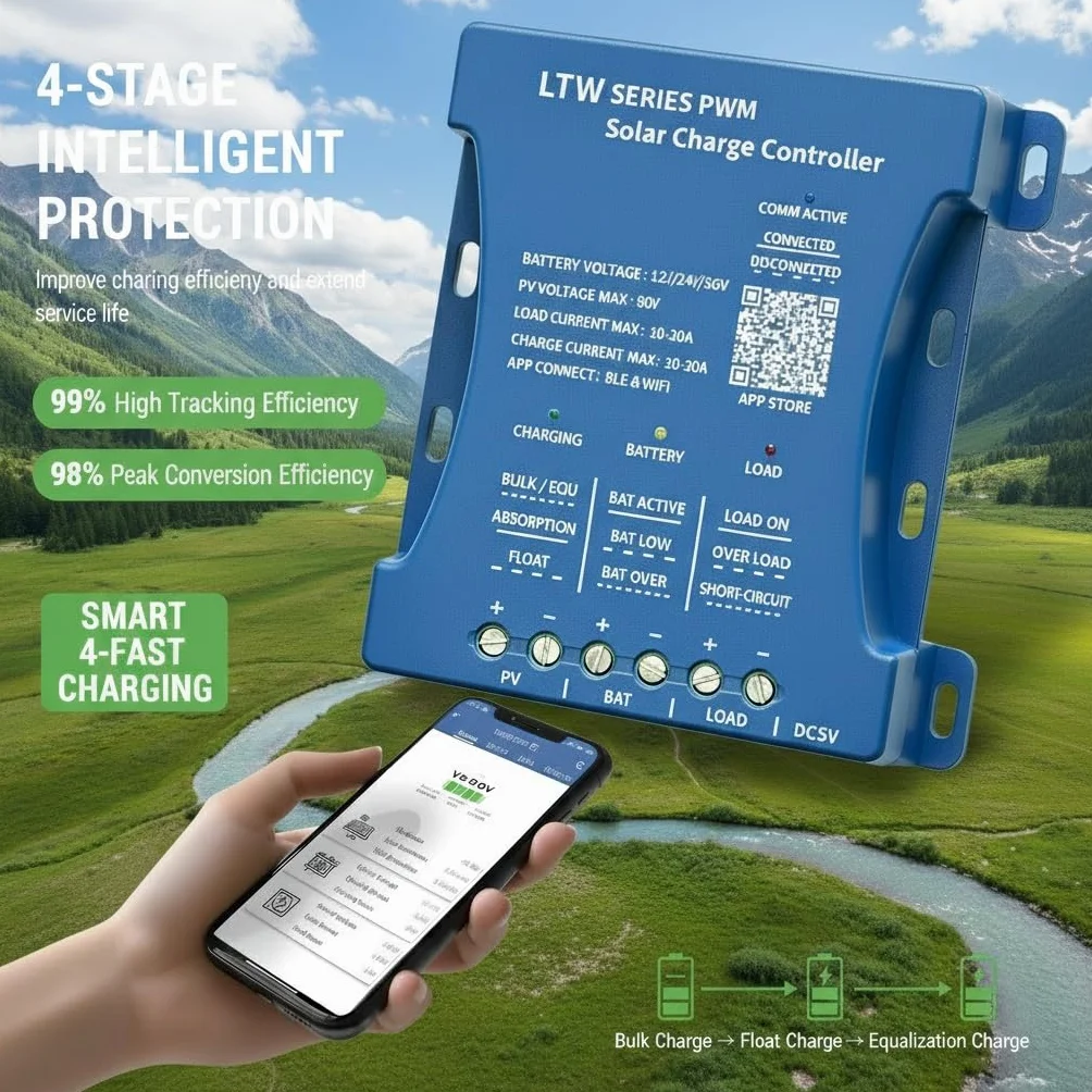 Regolatore solare 20A con WiFi & Bluetooth, PWM 12V/24V/36V per veicoli, ingresso PV 80V, regolazione tramite applicazione per batterie piombo-acido/LiFePO4/litio, ideale per camper/casa/installazione