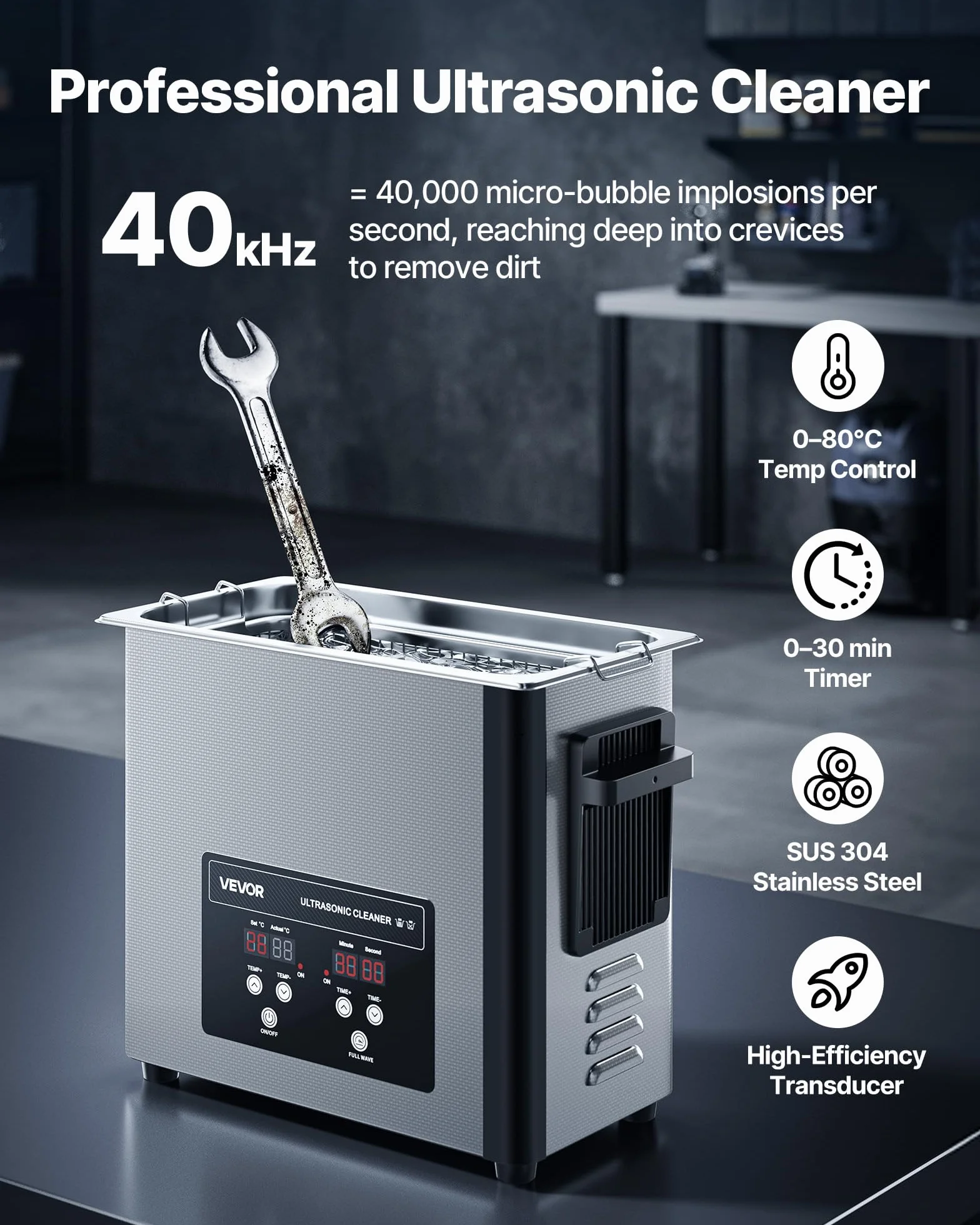 VEVOR Pulitore a Ultrasuoni da 6 L, Macchina Professionale per la Pulizia a Ultrasuoni, con Cestello di Pulizia e Schermo Digitale, in Acciaio Inox da 120 W e 40 kHz per Orologi, Rasoi, Gioielli
