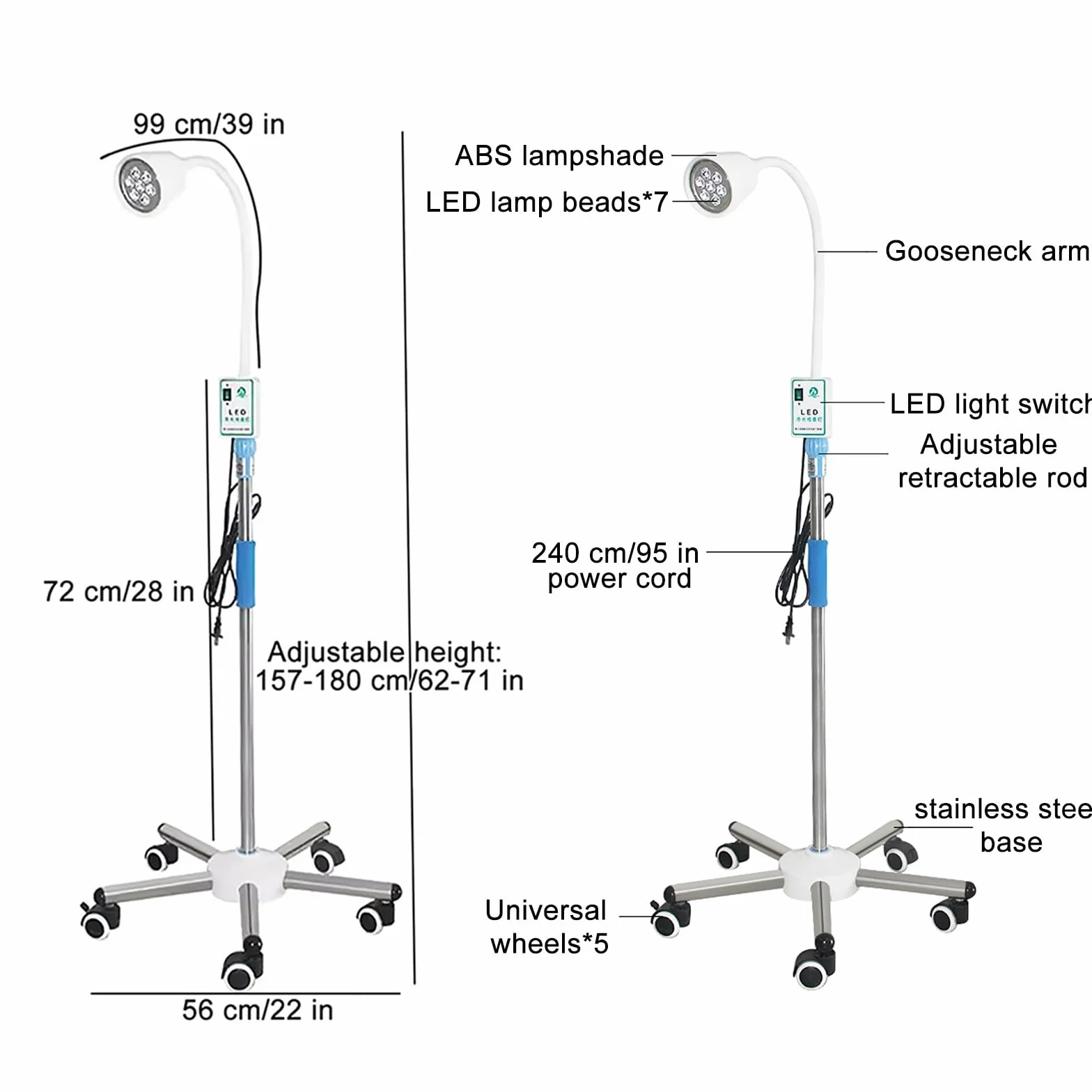 Lampada Mobile per Visita Ginecologica a LED da 21 W, Lampada da Visita Chirurgica Flessibile a Collo D'oca, Base Girevole con Ruote da Pavimento