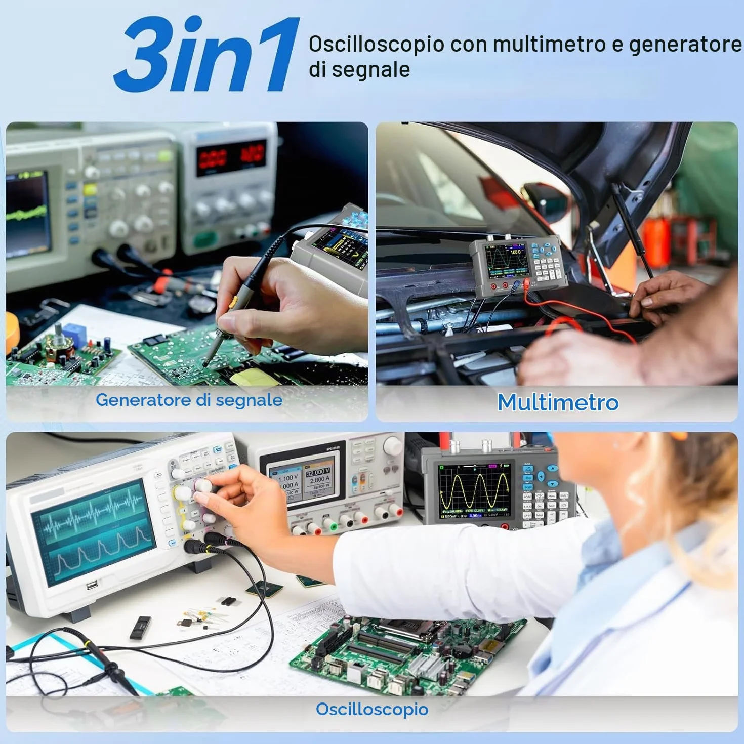 Oscilloscopio digitale 3 in 1, DSO3D12, oscilloscopio a 2 canali, multimetro e generatore di segnale, larghezza di banda 120 MHz, frequenza di campionamento 250/s, display IPS da 3,2 pollici, design