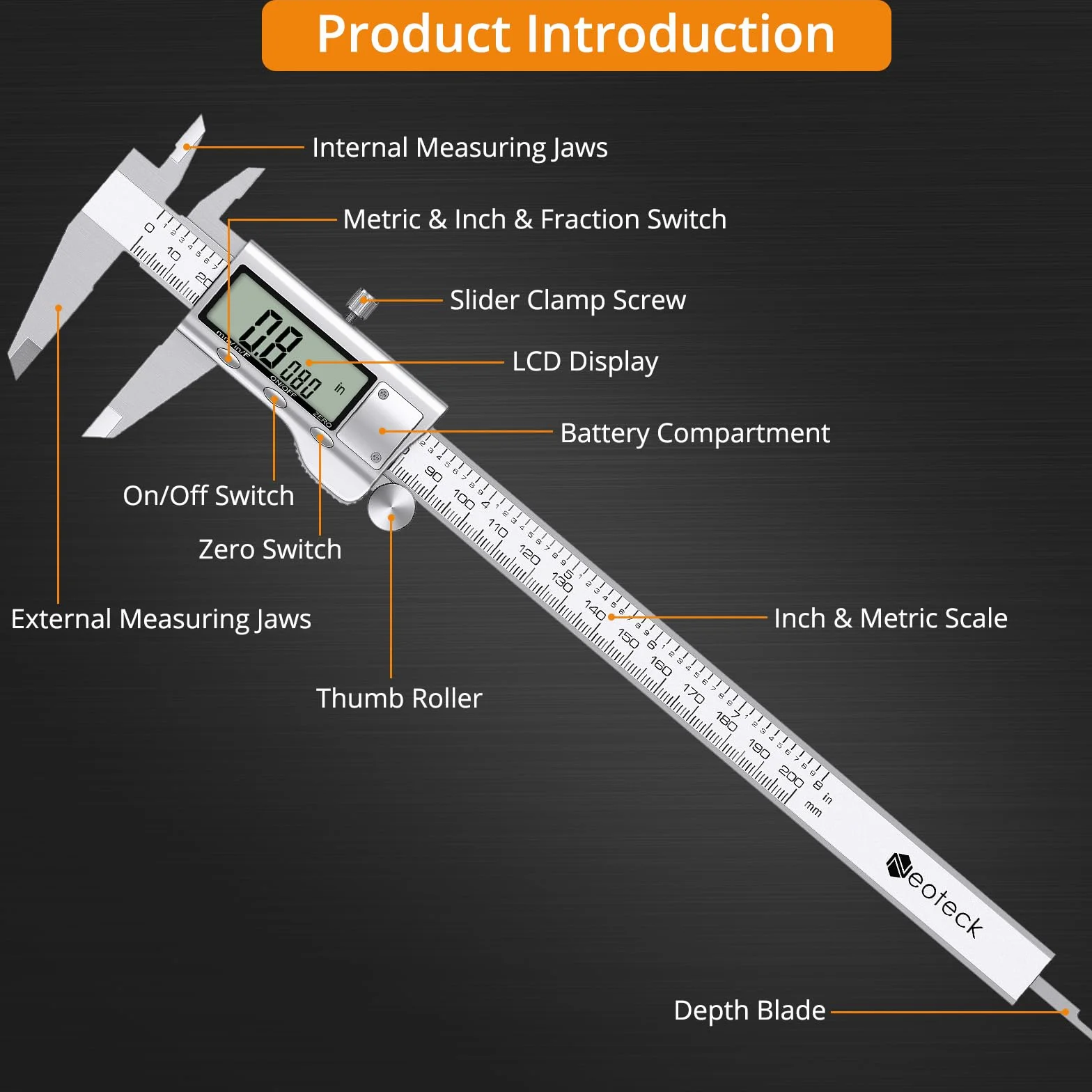Neoteck Calibro Digitale 200mm / 8Pollice Elettronico Calibro a Corsoio Acciaio Inox Conversione Metrica/Inch/Frazioni Strumento Misurazione LCD per Lunghezza Larghezza Diametro Interno ed Esterno