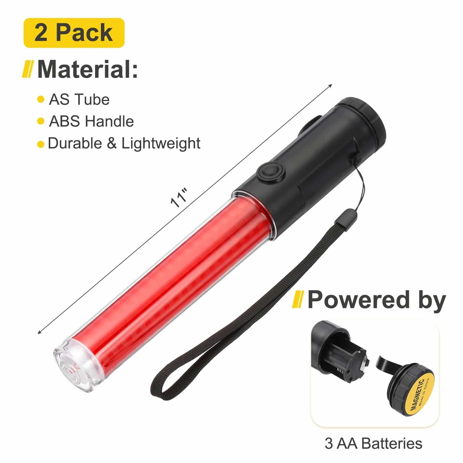 PATIKIL 2 Pacchi 11 Pollici Bacchetta Segnaletica Traffico, Bacchetta Controllo Traffico Aereo Torcia LED Con 3 Modalità Lampeggiante Clip Laterale Cinturino Polso Laccio, Rosso