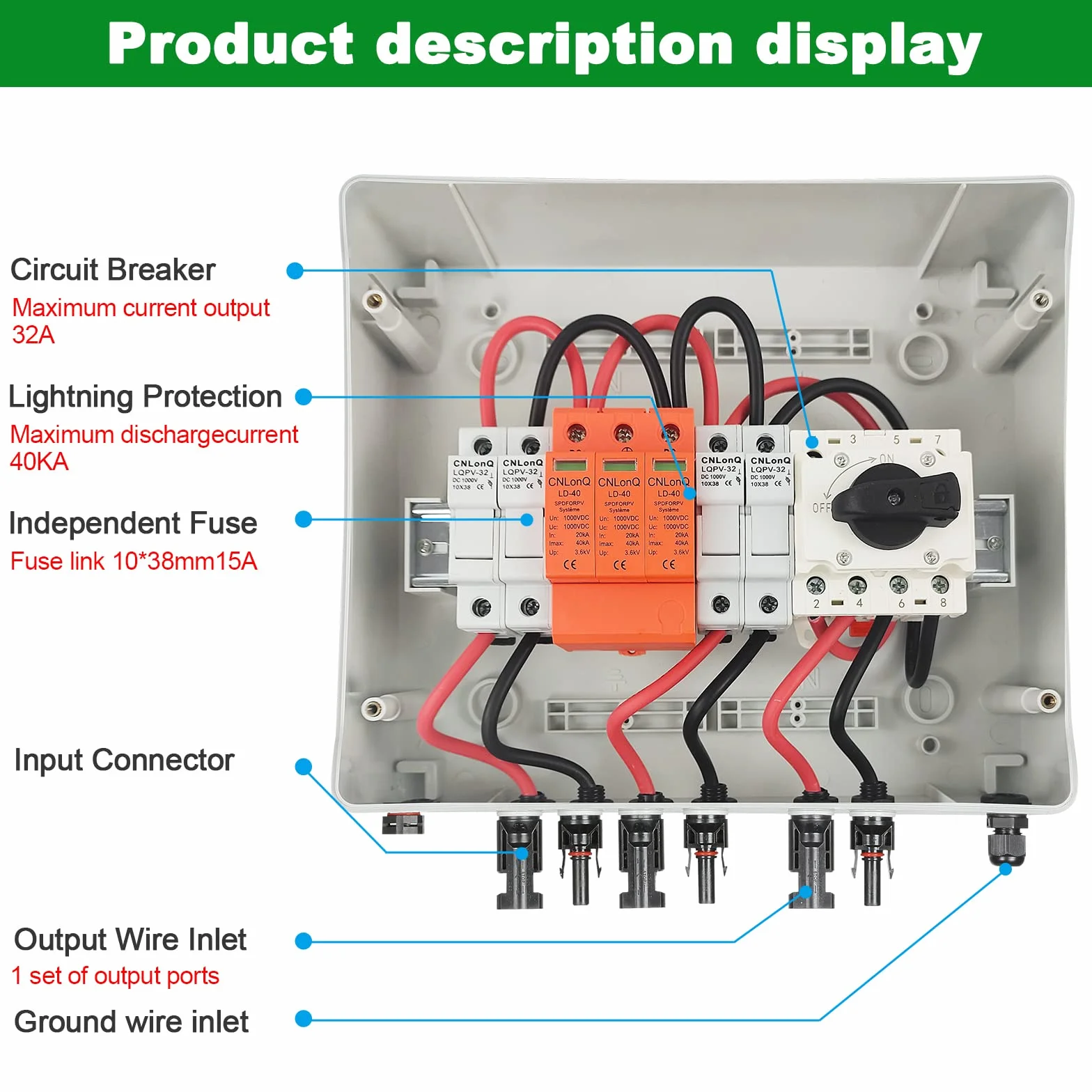 BuyWeek Fotovoltaico Combiner Box 1000V 32A Solare PV Combiner Box con Scaricatore Sovratensione, Interruttore Isolatore DC Solare, Impermeabile IP65, 2 stringa, per Solare Impianto Fotovoltaico