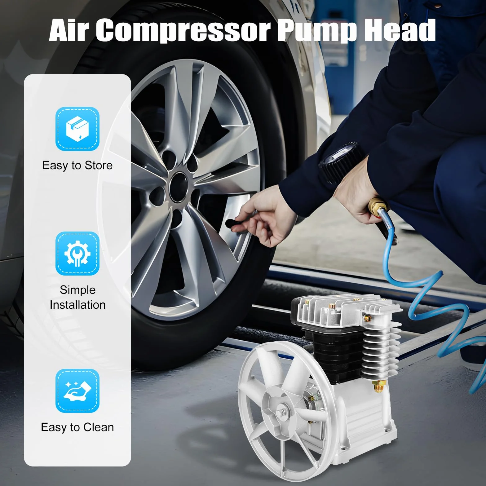 Testa della pompa del compressore d'aria, 65 mm, doppio cilindro, 420 l/min, 8 bar, testa del pistone in alluminio compatibile con motore 3HP, silenziatore e accessori inclusi