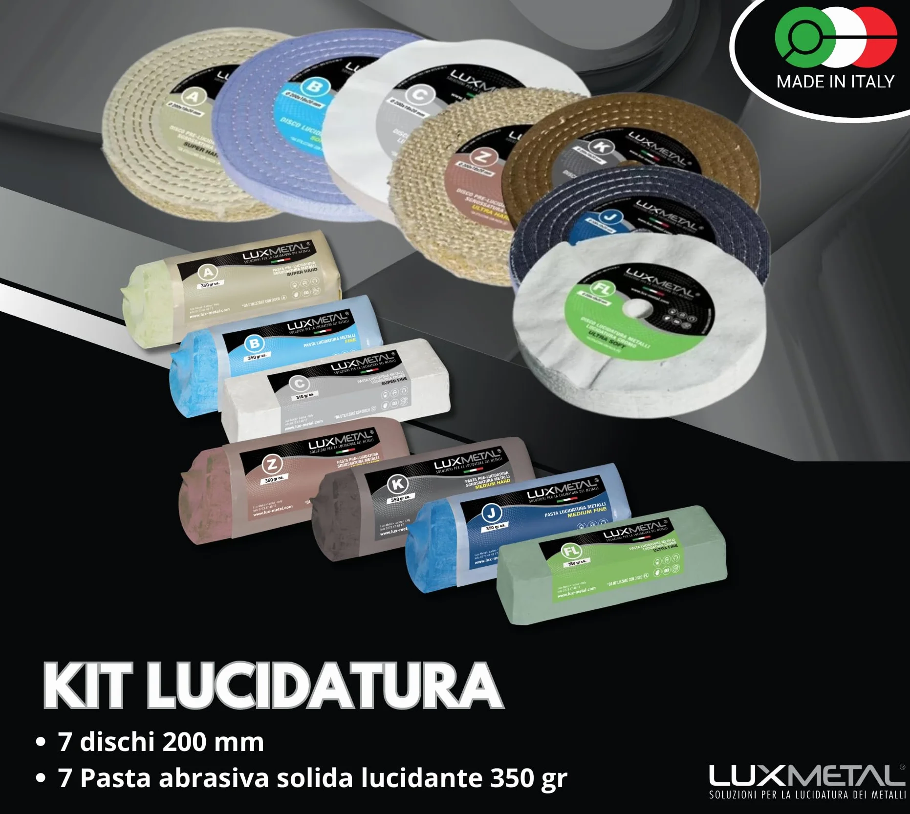 Lux Metal - Kit 7 Disco Lucidante 200 mm e 7 Pasta Abrasiva Lucidante 350 gr - Per Alluminio, Ferro, Acciaio Inox, Bronzo, Marmo - Ruota Lucidatura Metalli Mola Smerigliatrice Feltro