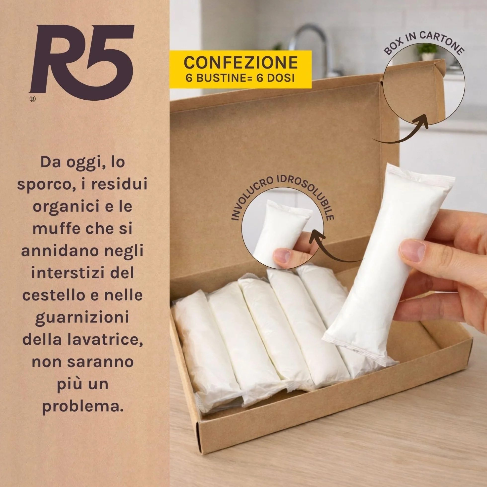 R5, Cura Lavatrice, 12 Dosi, Additivo per Pulizia e Cura della Lavatrice con Microrganismi Effettivi Selezionati, Rimuove Residui Organici e Cattivi Odori, 2 x 6 Dosi