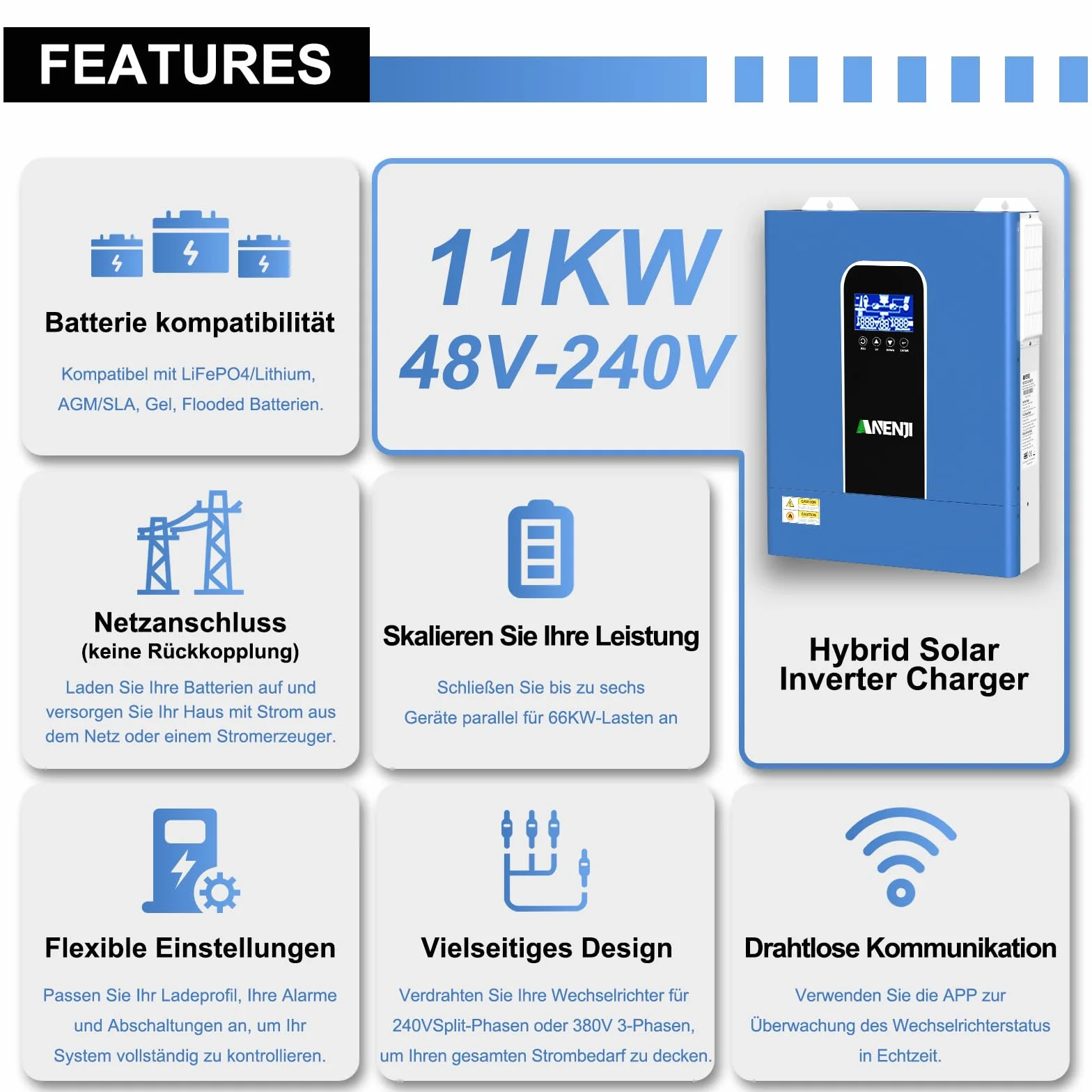 Inverter ibrido 11000 W, 48 V, funziona senza batteria, funzione parallela, max PV 500 Vdc, inverter sinus puro 230 V, regolatore MPPT 120 A, per batterie al litio
