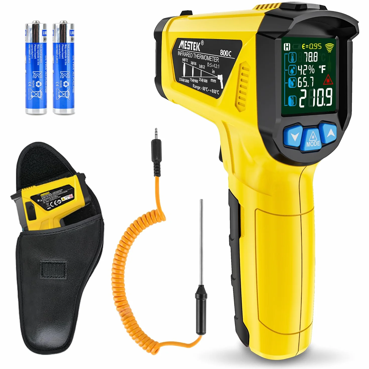 MESTEK Termometro a Infrarossi Digitale Laser -50°C 800°C con Sonda K Schermo LCD Colori