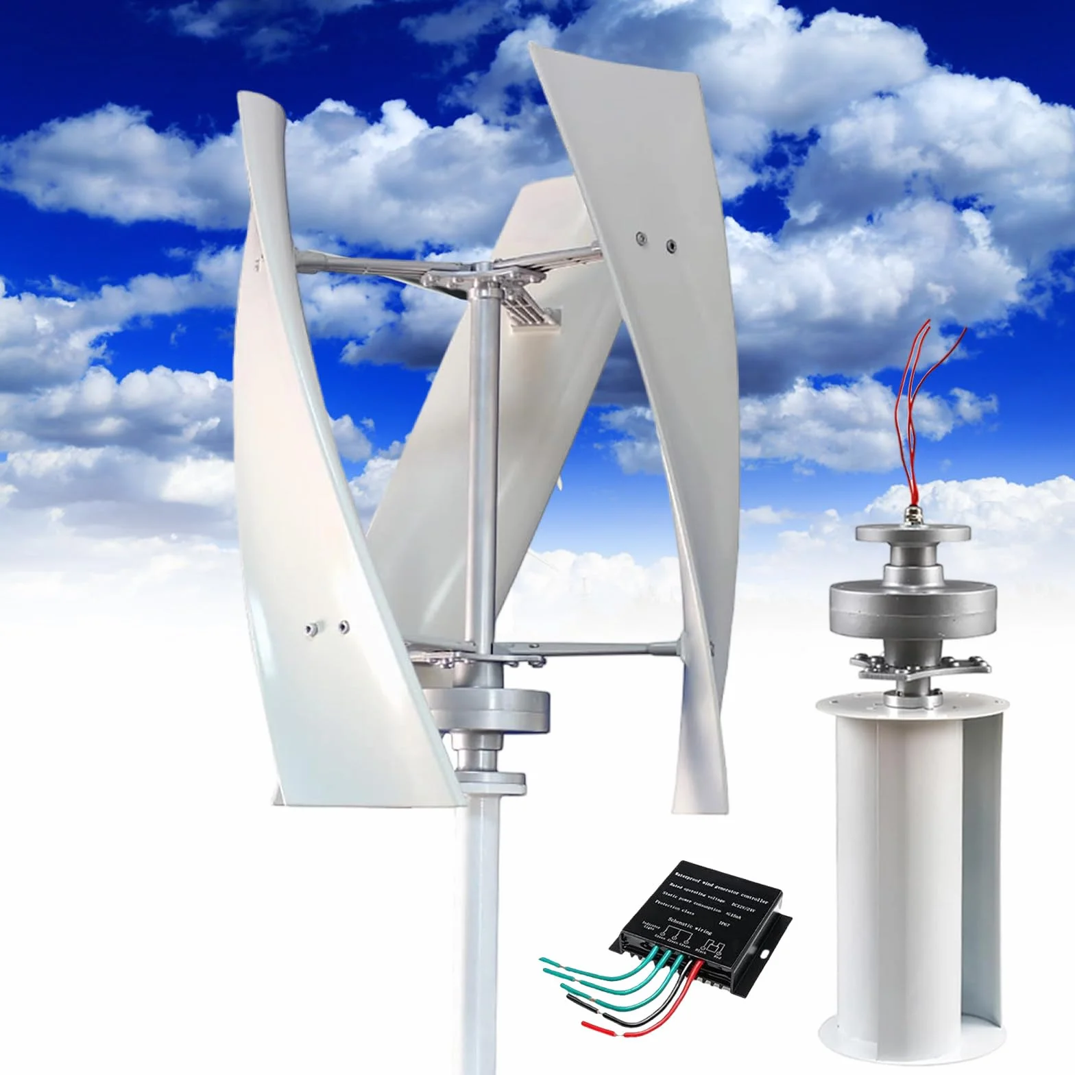Generatore Eolico Verticale da 14000W Kit Energia Eolica 12V 24V 48V 110V 220V 3 Pale con Controller Kit Turbina Eolica per Integrazione Energetica Domestica,White-24V