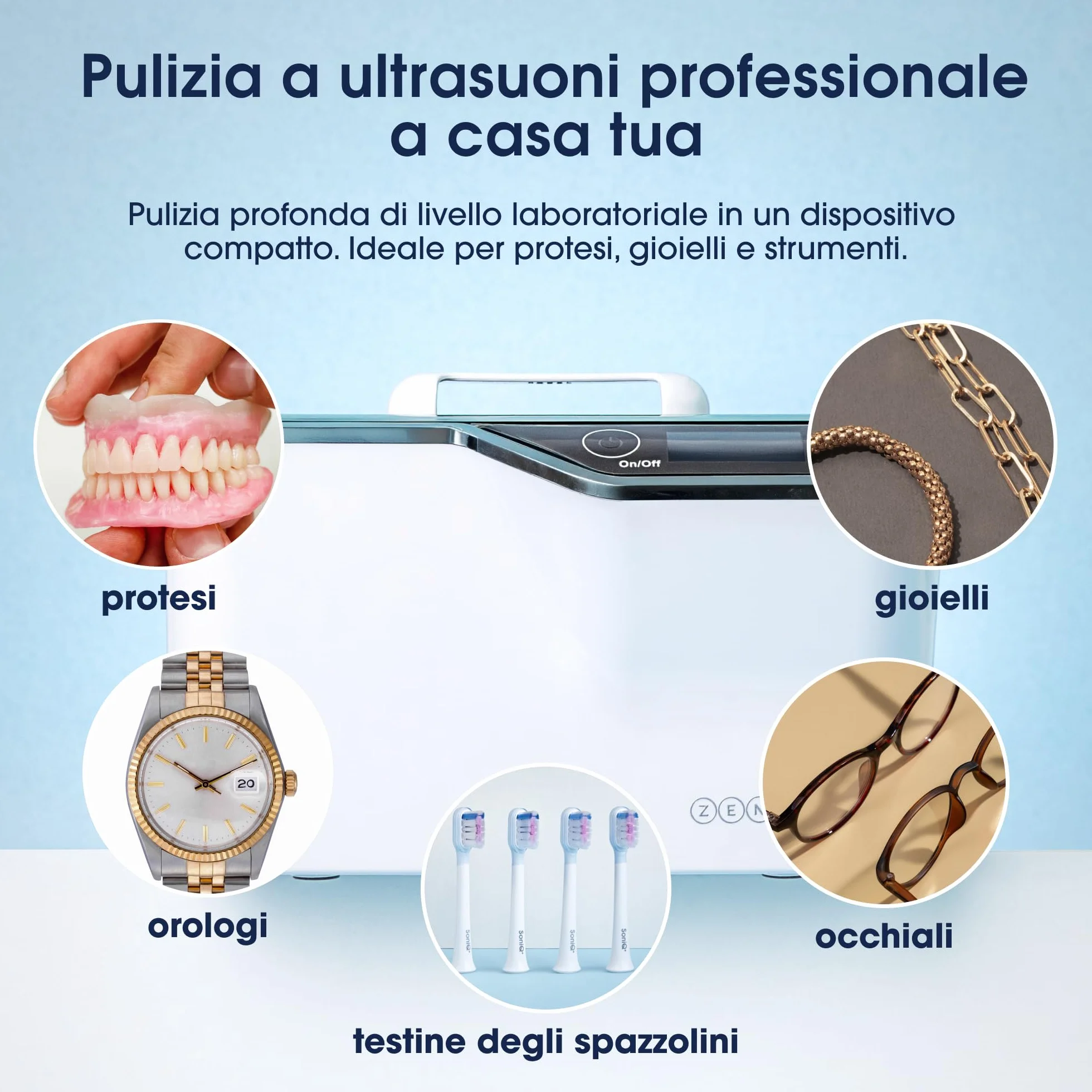 ZENT Pulitore ultrasuoni 42kHz 600ml, Ultrasuoni per pulisci occhiali, Pulizia apparecchio ortodontico, protesi dentarie, gioielli, orologi, invisalign - 5 programmi temporali, Pannello touch LED