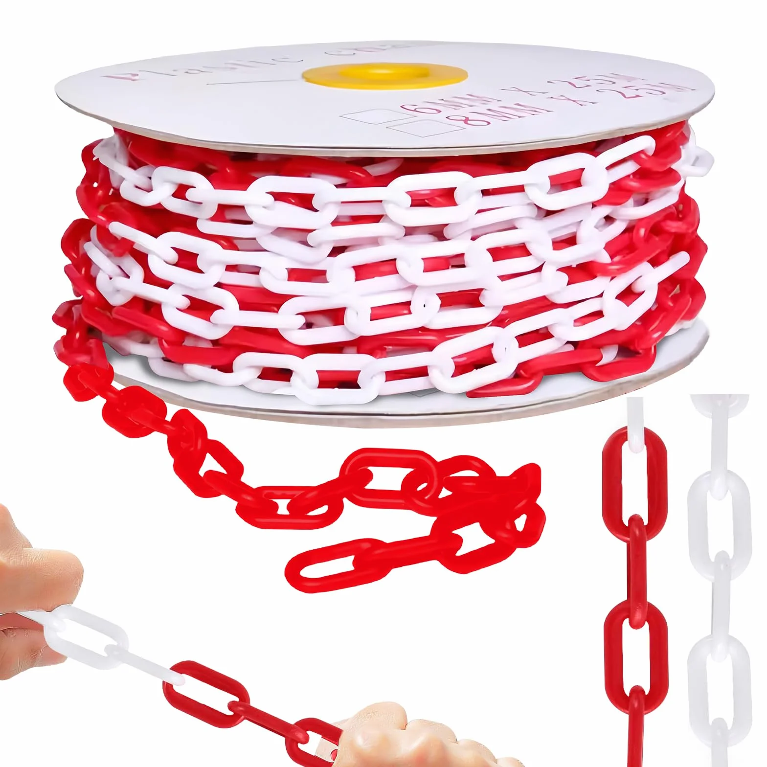 Catena di Sicurezza: Catena di Sicurezza in Plastica Rossa e Bianca da 25m, Catena di Segnalazione da 6mm per Aree di Blocco, Barriera a Catena in Plastica per Cantieri Edili, Parcheggi, Code