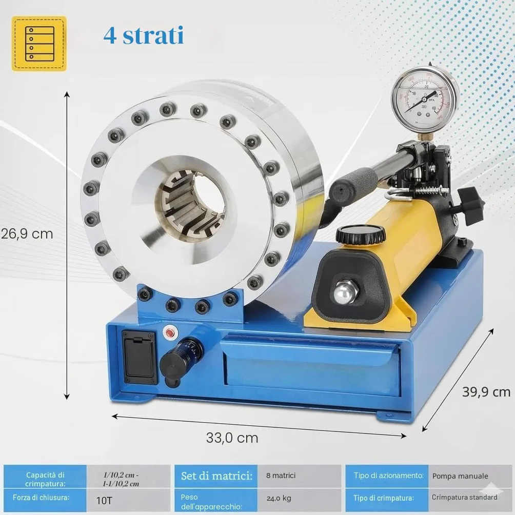 Kit crimpatrice per tubi oleodinamica Professionale | Forza 2000kN | 8 Matrici (10-30mm²) per Tubi R1/R2 da 1/4" a 1" | Crimpatrice per Riparazioni Auto, Agricole e Industriali | Certificato CE.