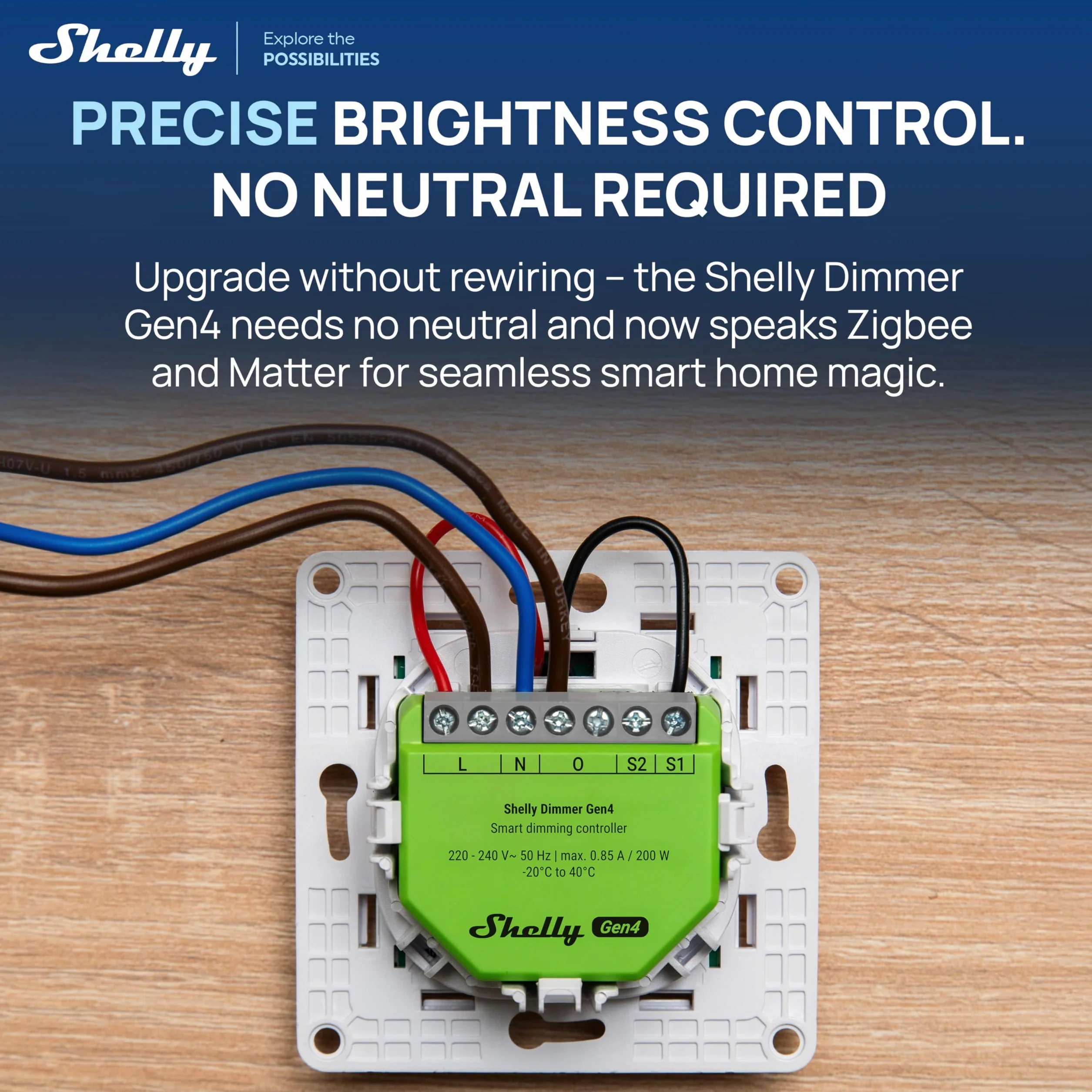 Shelly Dimmer Gen4 - Dimmer Smart WiFi, Certificato Matter, Per Luci Dimmerabili, Interruttore Zigbee, LED Strip, Timer, Senza Neutro, Nessun Hub Richiesto, Alexa, Google Home e Apple HomeKit