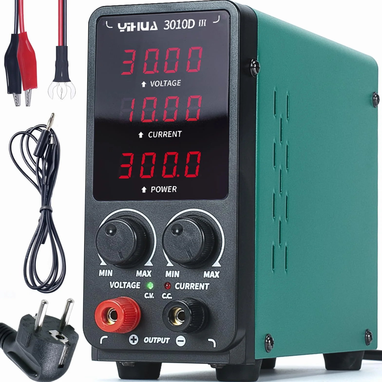 YIHUA 3010D-III DC Alimentatore da banco Laboratorio 30V 10A variabile Alimentatore regolabile con clip a coccodrillo, modalità CC/CV automatica per elettronica, riparazione, galvanica, ingegneristica