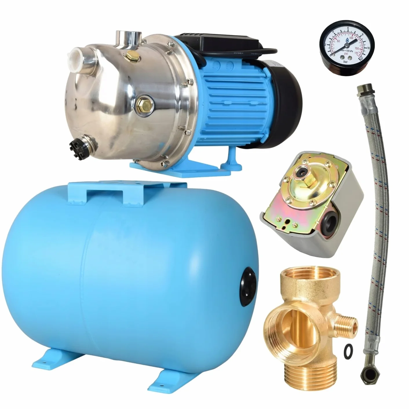 Serbatoio a pressione JS 1100 - Pompa per l'approvvigionamento idrico domestico con serbatoio da 100L - Acciaio inossidabile INOX - Pompa dell'acqua (3600 l/h, 1100W, altezza di sollevamento 50m