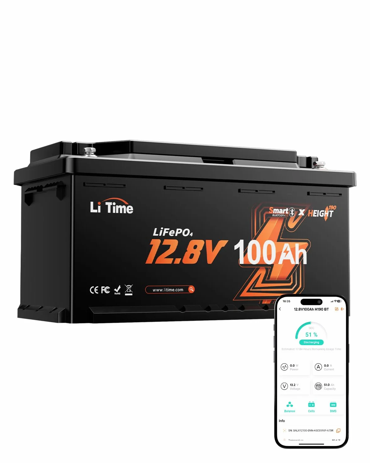 LiTime Lifepo4 Batteria 12V 100Ah H190 Bluetooth, Dimensioni della batteria per camper DIN H8 L5 GROUP49, 100BMS e protezione contro le temperature basse, Progettato appositamente per caravane europee