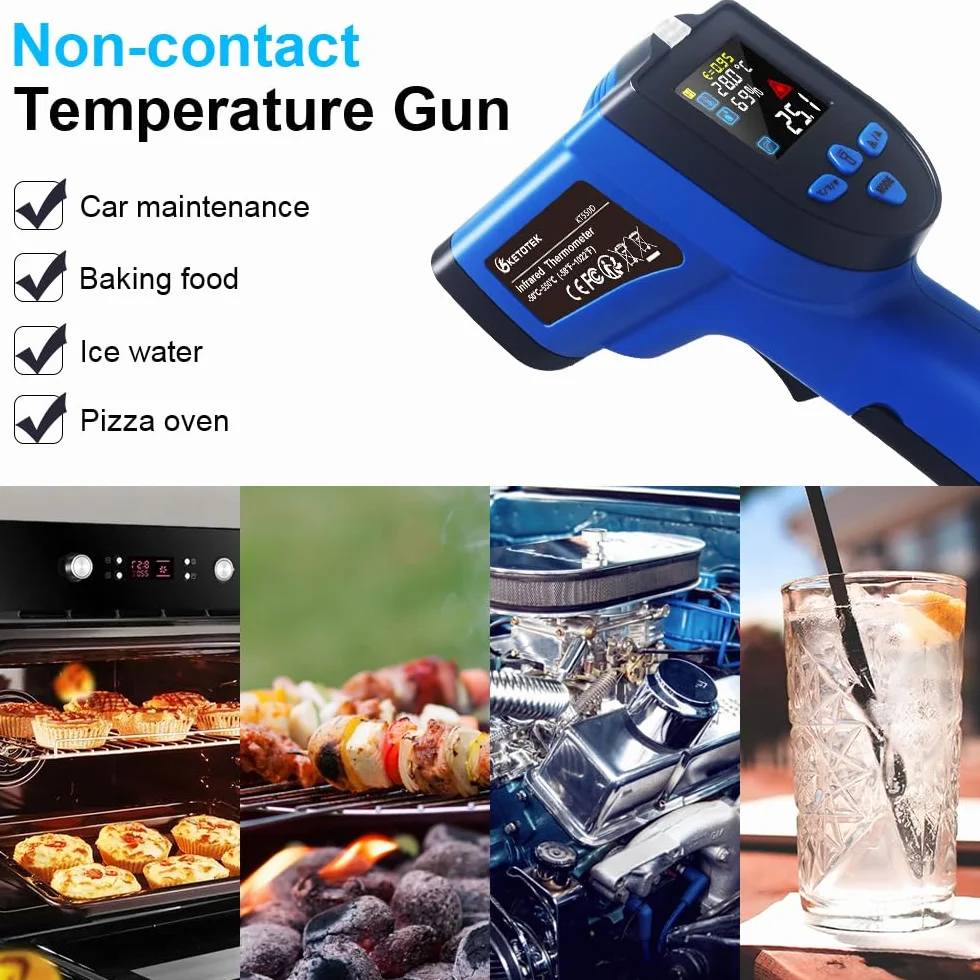 KETOTEK Digitale Termometro a Infrarossi Pistola Laser Doppio Senza Contatto -50~550℃ con K Termocoppia Umidità NCV Rilevamento Tensione CA