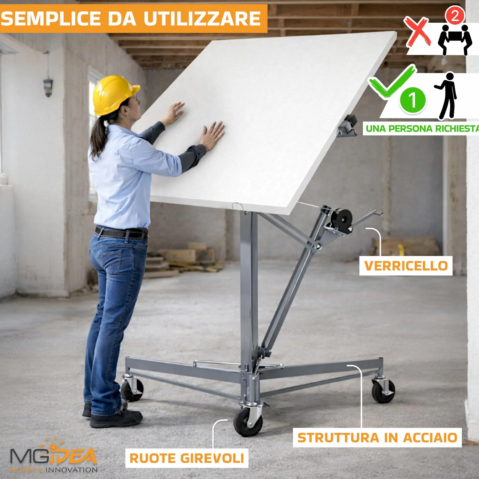 ALZA LASTRE SOLLEVATORE PANNELLI CARTONGESSO SUPPORTO REGOLABILE 68KG 3,5 M RICHIUDIBILE CON RUOTE BLOCCABILI ACCIAIO