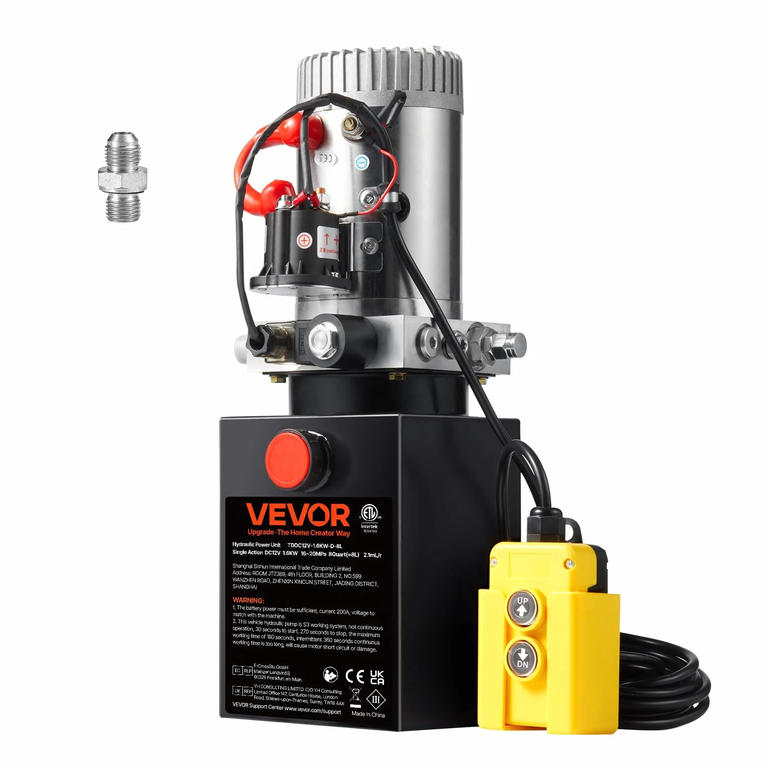 VEVOR Pompa Idraulica CC 12V Capienza ca. 8 L Centralina Idraulica ad Azione Singola Flusso d'Olio ca. 3,44 L/min Pressione Massima di 22 MPa, Pompa per Montacarichi Auto Camion Rimorchio da Garage