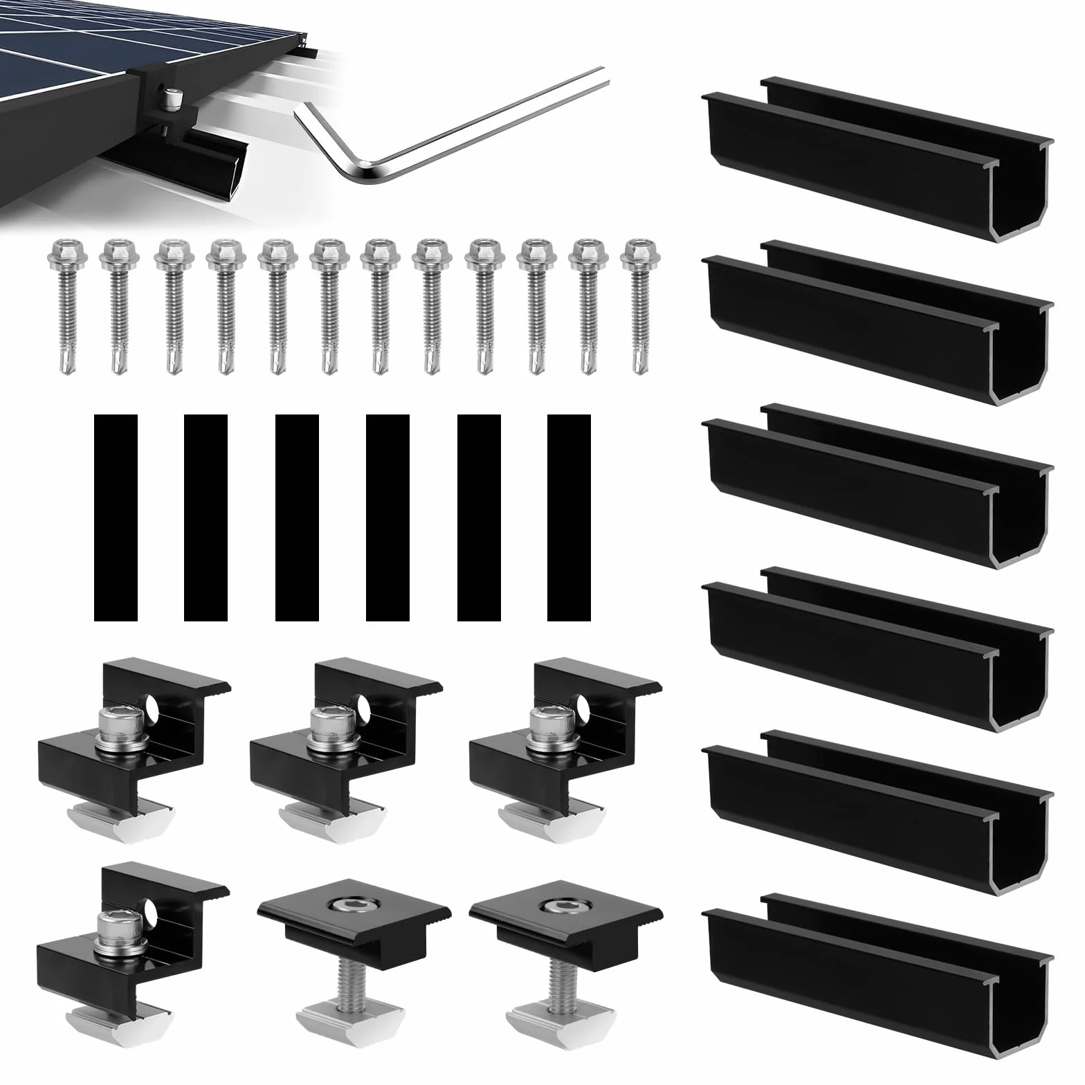 Supporto per Modulo Solare per 2 Moduli, Guide Profilo in Alluminio da 12cm, Morsetto Regolabile per Moduli di Spessore 30-35 mm, Supporto per Pannello Solare, Set di Montaggio per Tetto Piatto