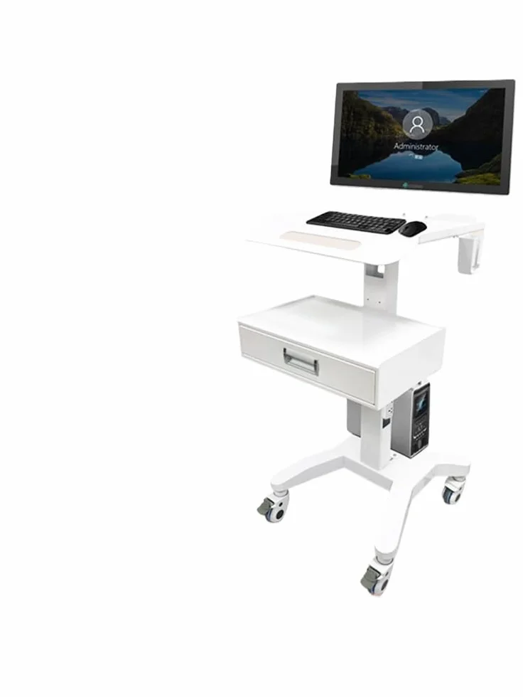 Carrello per postazione di lavoro per laptop medico con ruote, carrello da laboratorio regolabile in altezza con supporto per scanner, robusta scrivania per computer portatile per cliniche dentali
