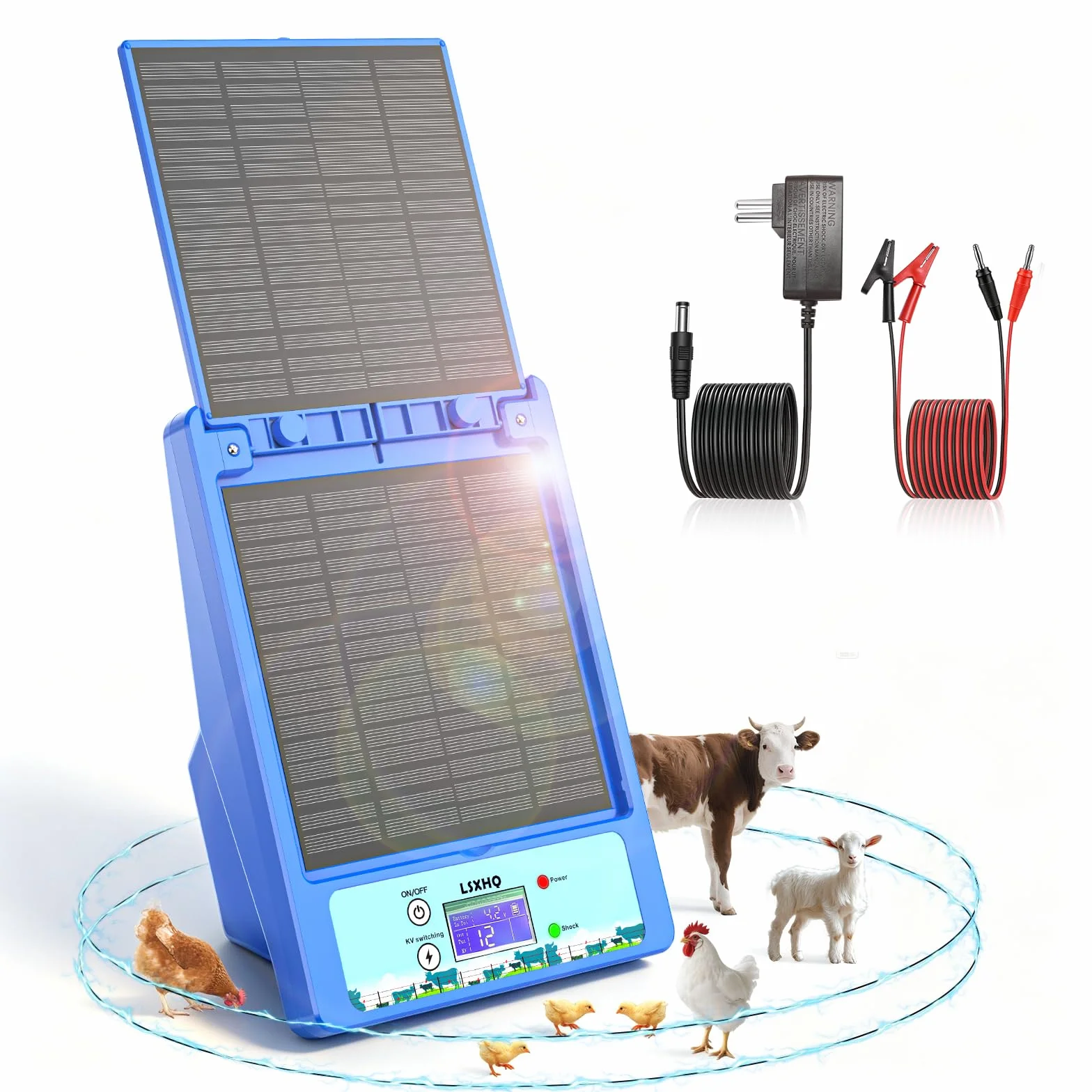 Recinto Elettrico Solare 12V 32KM, 0.3-2J, 6KV-12KV Regolabile, Recinto Elettrico con Batteria al Litio 18Ah & Kit di Messa a Terra, Pannello Solare 10W, Protezione per Pollame, Bestiame (Blu)