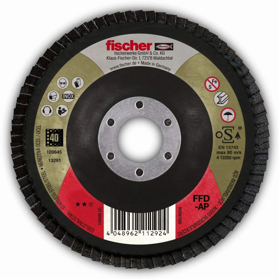 Fischer FFD-AP 115 K40 INOX Disco Abrasivo Lamellare allo Zirconio ad Alte Prestazioni per Rettifica di Acciaio e Acciaio Inossidabile, Flap-disc, per Smerigliatrice Angolare, 1 pz