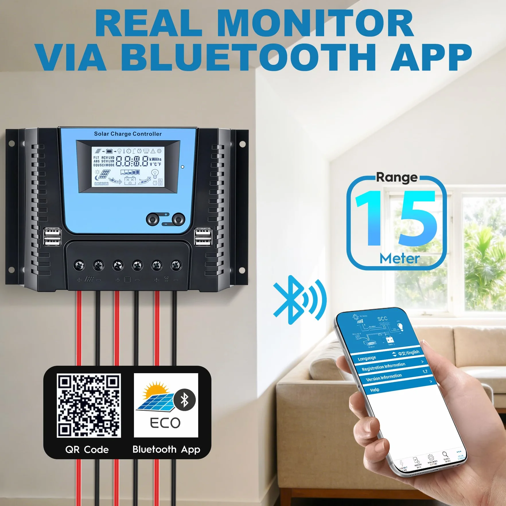 80A Regolatore di Carica Solare Con Bluetooth, PWM 80A Regolatore Carica Solare con Sensore Temperatura, LCD Display, 4 USB porte, Adatto varie 12V 24V 36V 48V Piombo e Litio Batterie