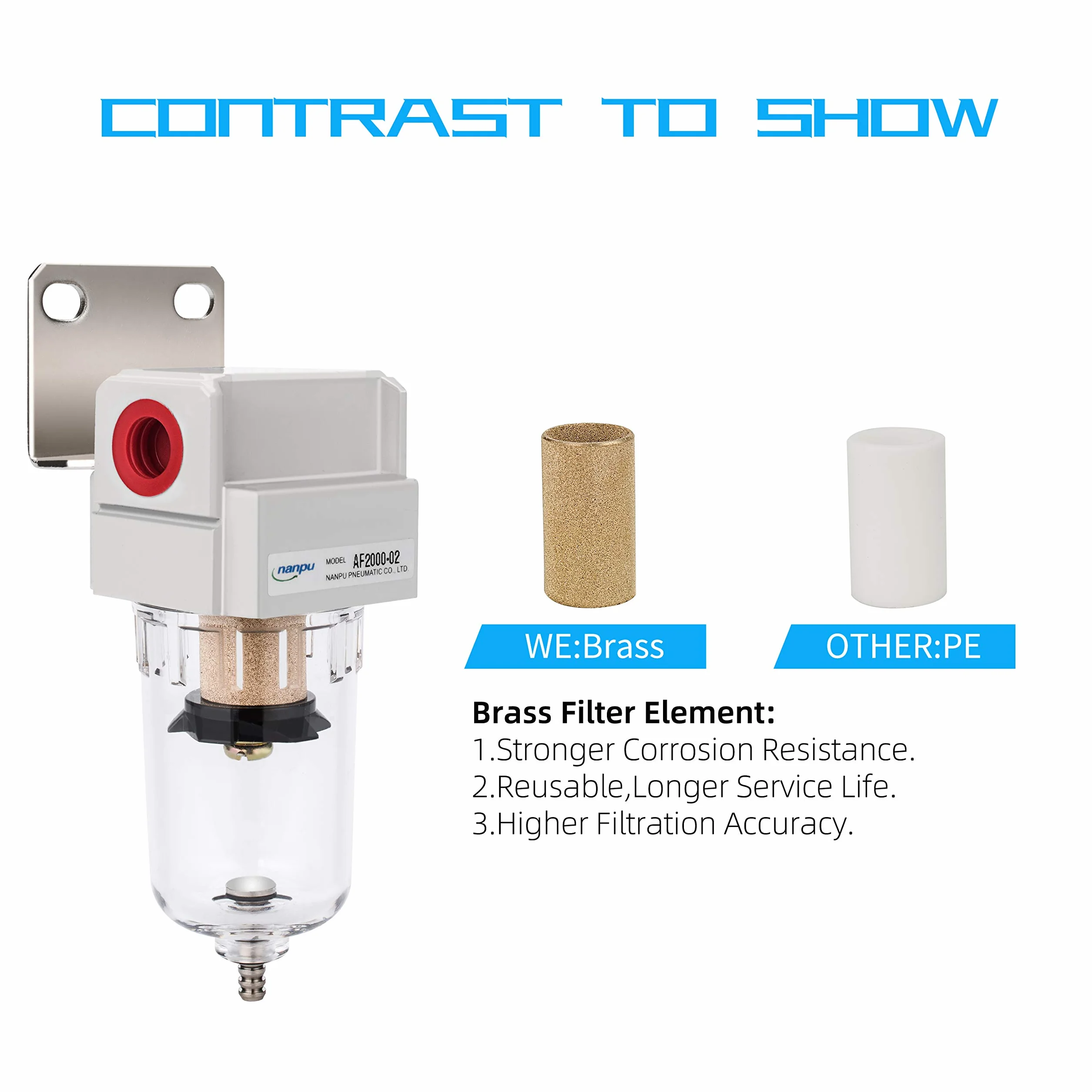 NANPU 1/4" BSPP Aria Compressa Filtro, Separatore Trappola Acqua - Tazza in Polietilene, Scarico Semiautomatico, Staffa Metallica