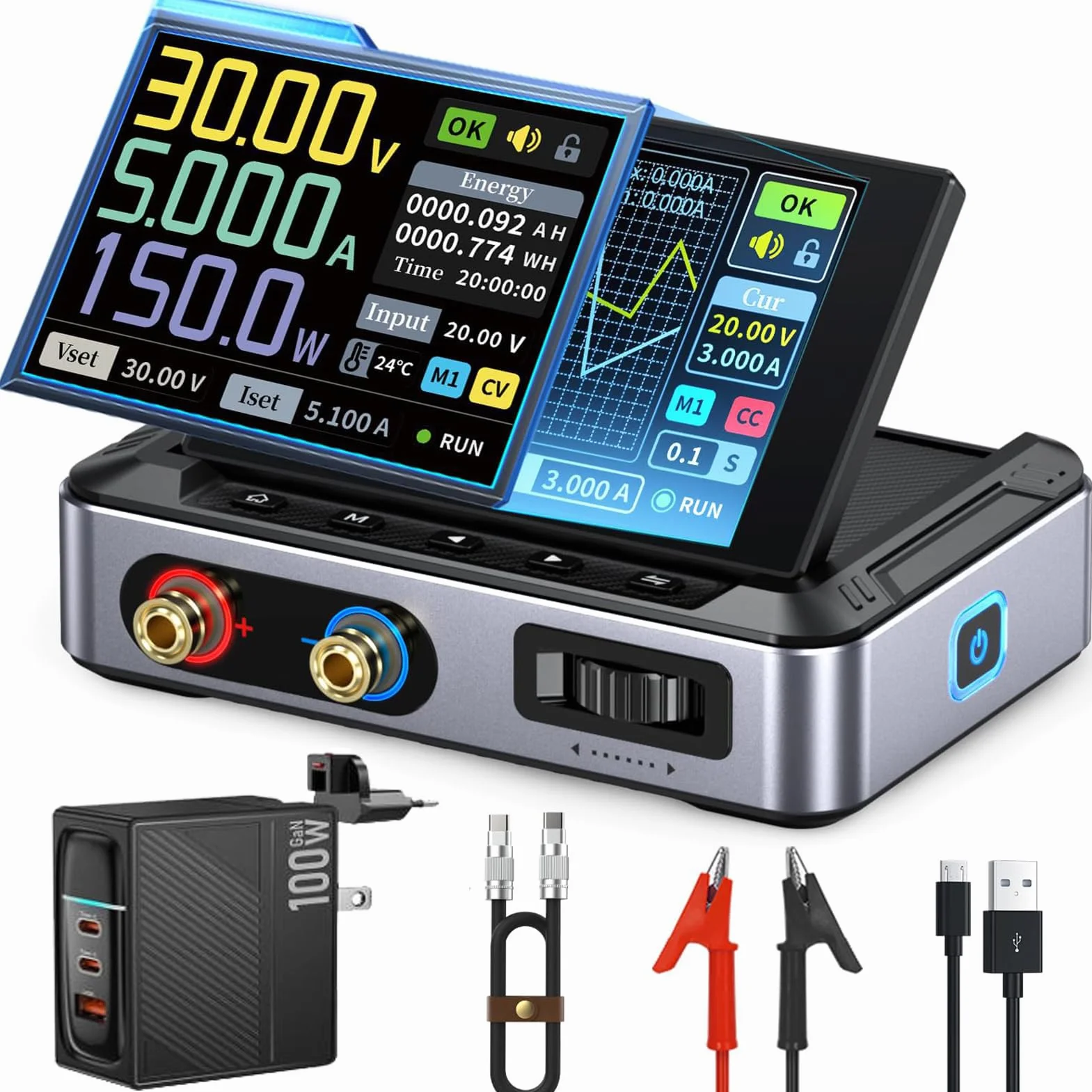 Alimentatore Da Laboratorio 30 V 5 A Display da 2,8 Pollici Uscita Programmabile Tramite PC Protezioni Multiple per Ricerca Sperimentale Sviluppo Ingegneristico,Include Un Alimentatore da 100W.